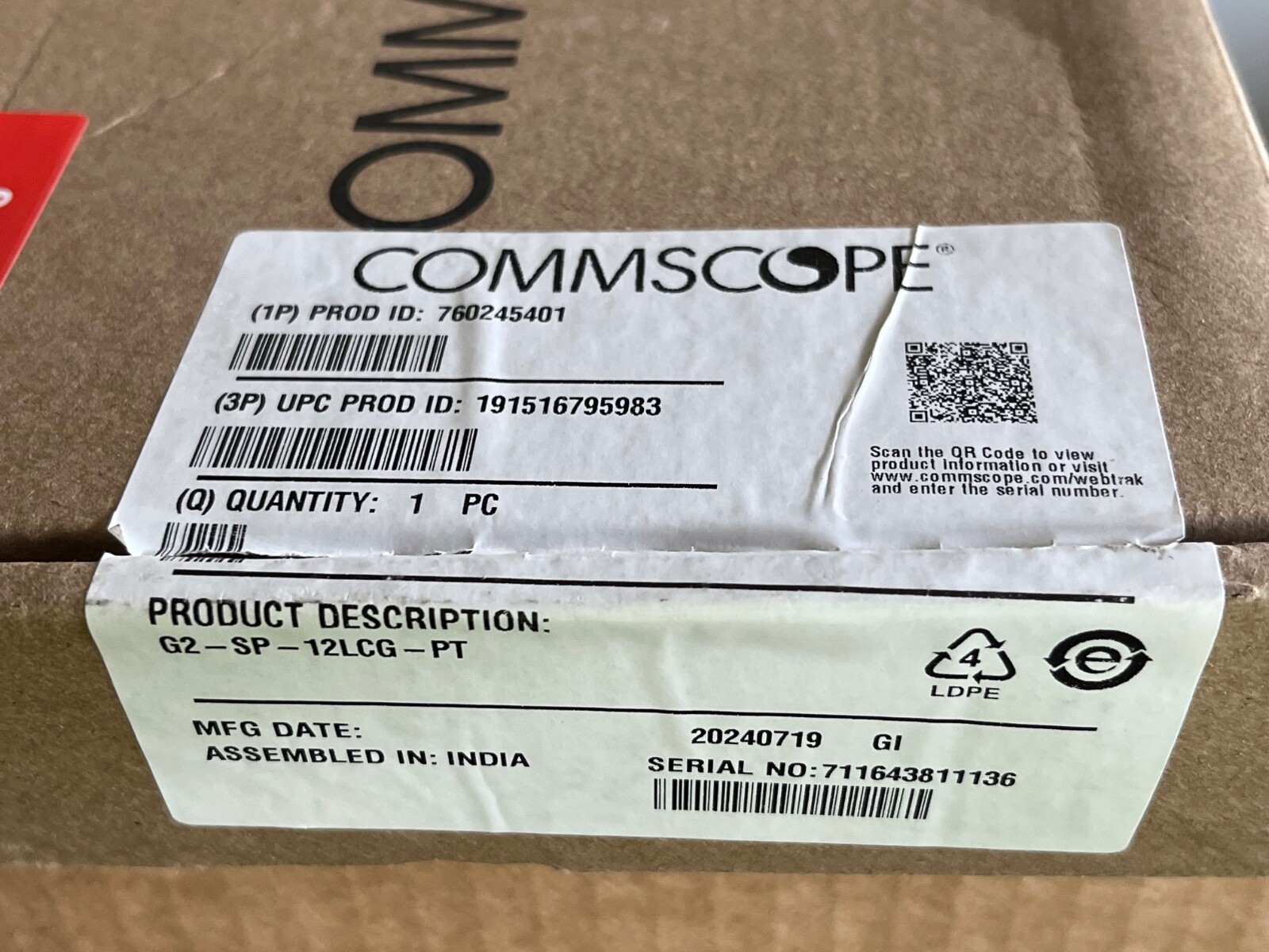 COMMSCOPE G2-SP-12LCG-PT Splice Cassette, 12LC/UPC with internal shutters, OS2,