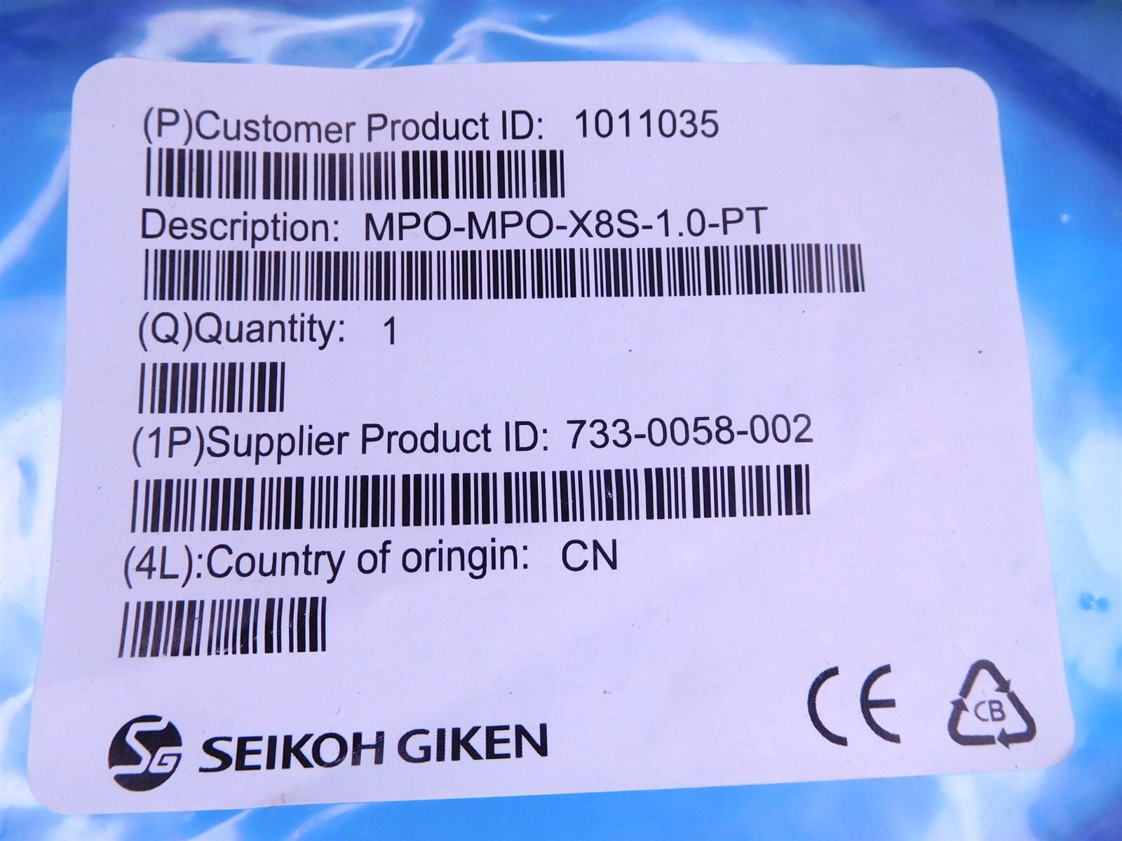SEIKOH GIKEN 1011035 MPO-MPO-X8S-1.0-PT Fiber Optic Cable (010625)