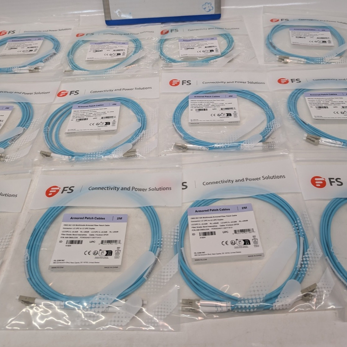 Lot of 15 FS AM-OM3LCDX Multimode Armored Fiber Patch Cables OM3 50/125 2m