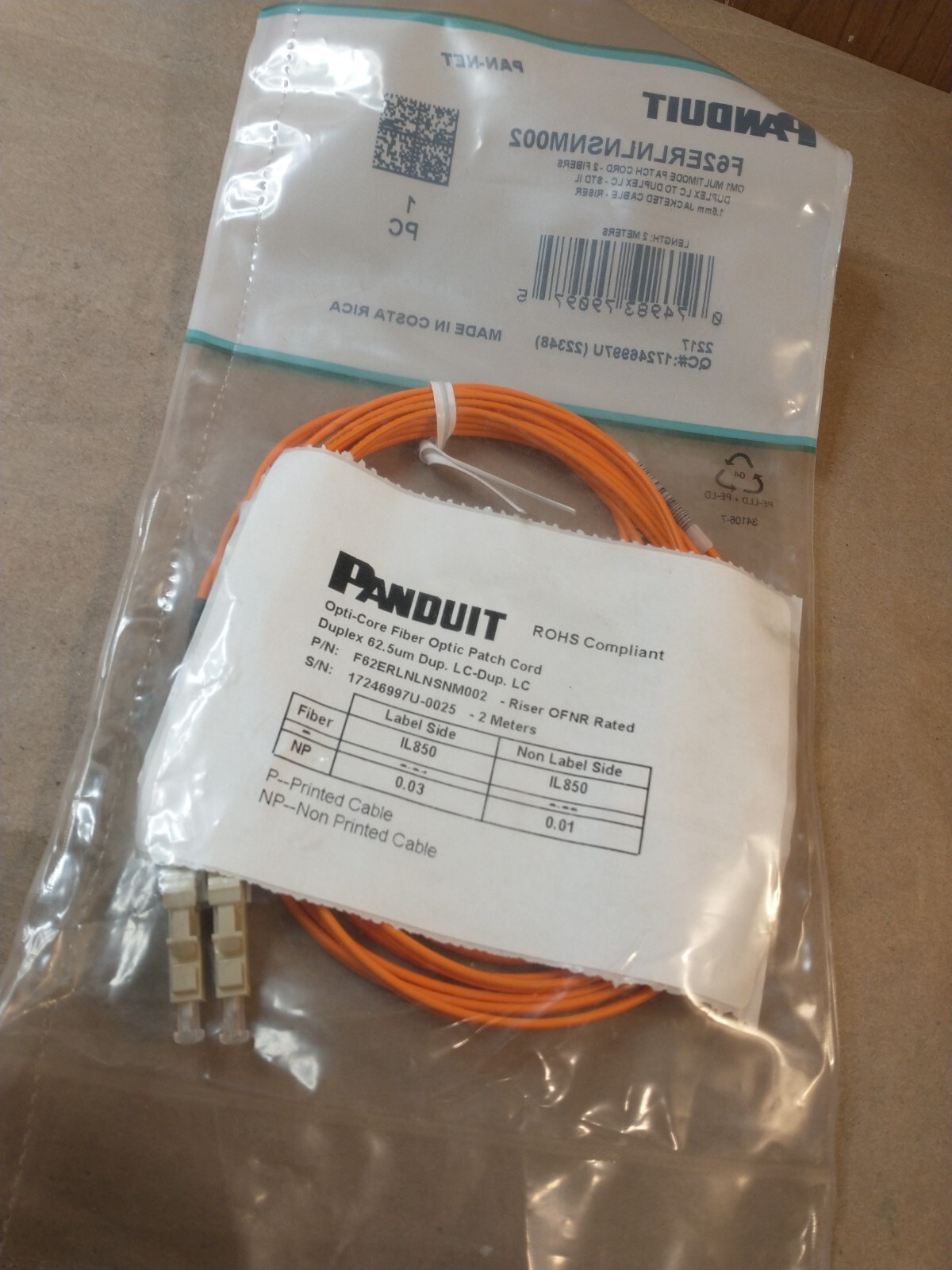 Panduit F62ERLNLNSNM002 OM1 Multimode Patch Cord 2M Long – Fast Ship
