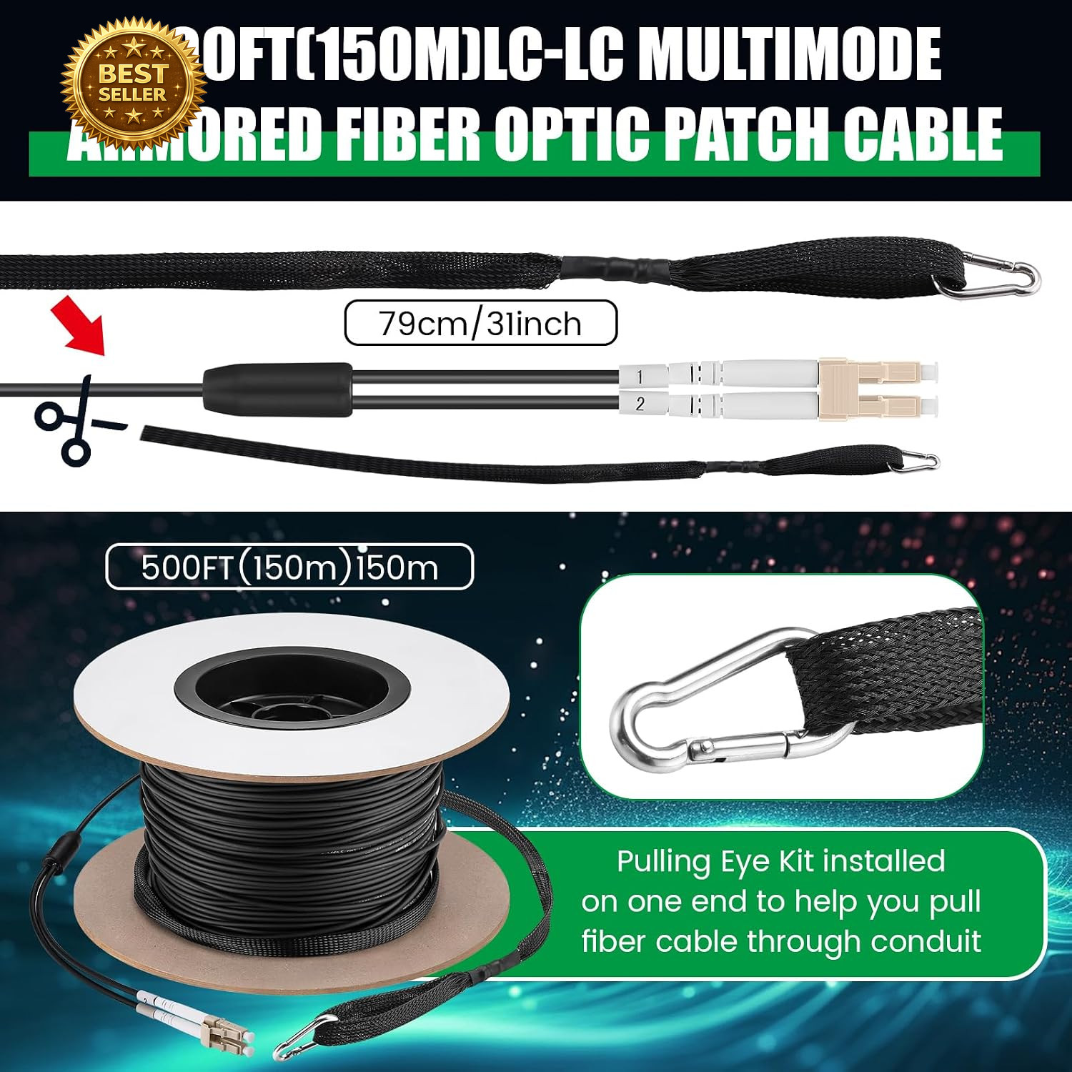 500Ft (150 Meters) OM3 Fiber LC to LC Multimode Outdoor Armored Fiber Optic Cabl