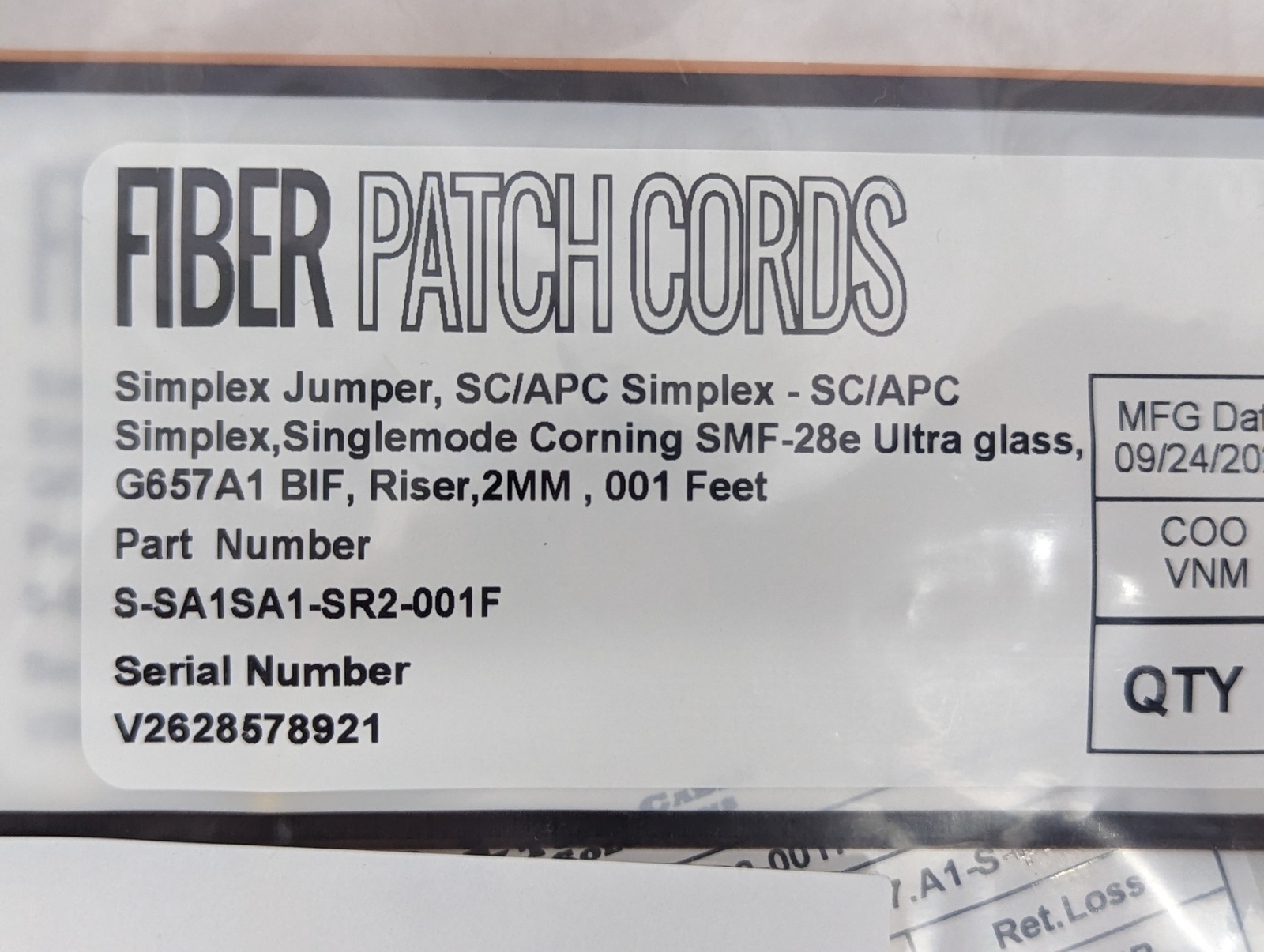 Lot of 10 Fiber Optic Jumper SC/APC to SC/APC Single Mode OS2 1FT Corning Glass