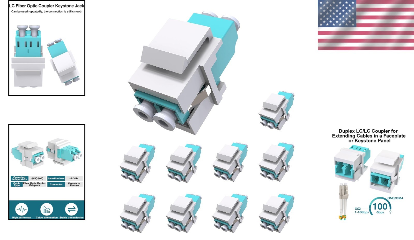 Reliable 10 pcs Duplex LC Keystone Couplers – Single/Multimode Fiber Adapter Set