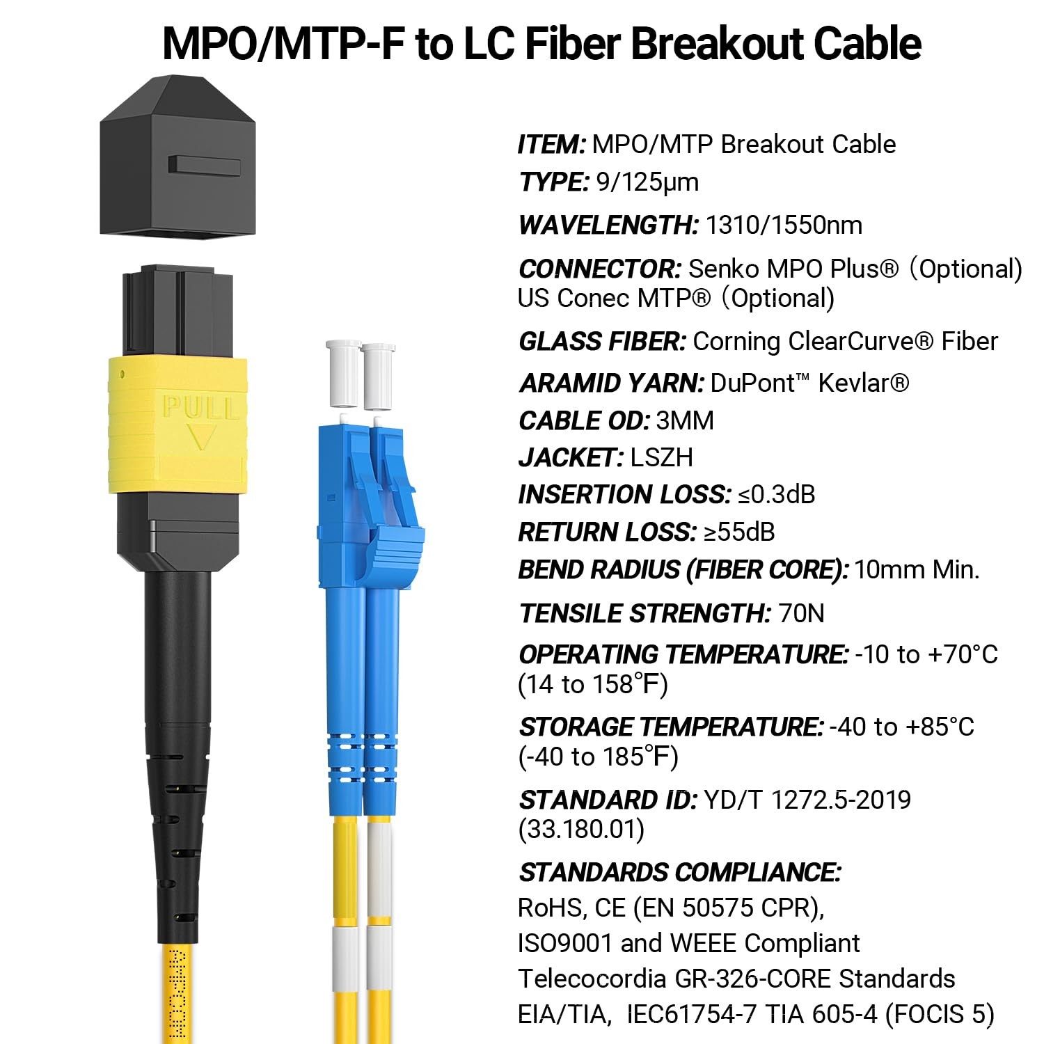 1m 3ft MPO To LC Breakout Cable 9/125m Singlemode OS1/OS2 8 Fiber Optic