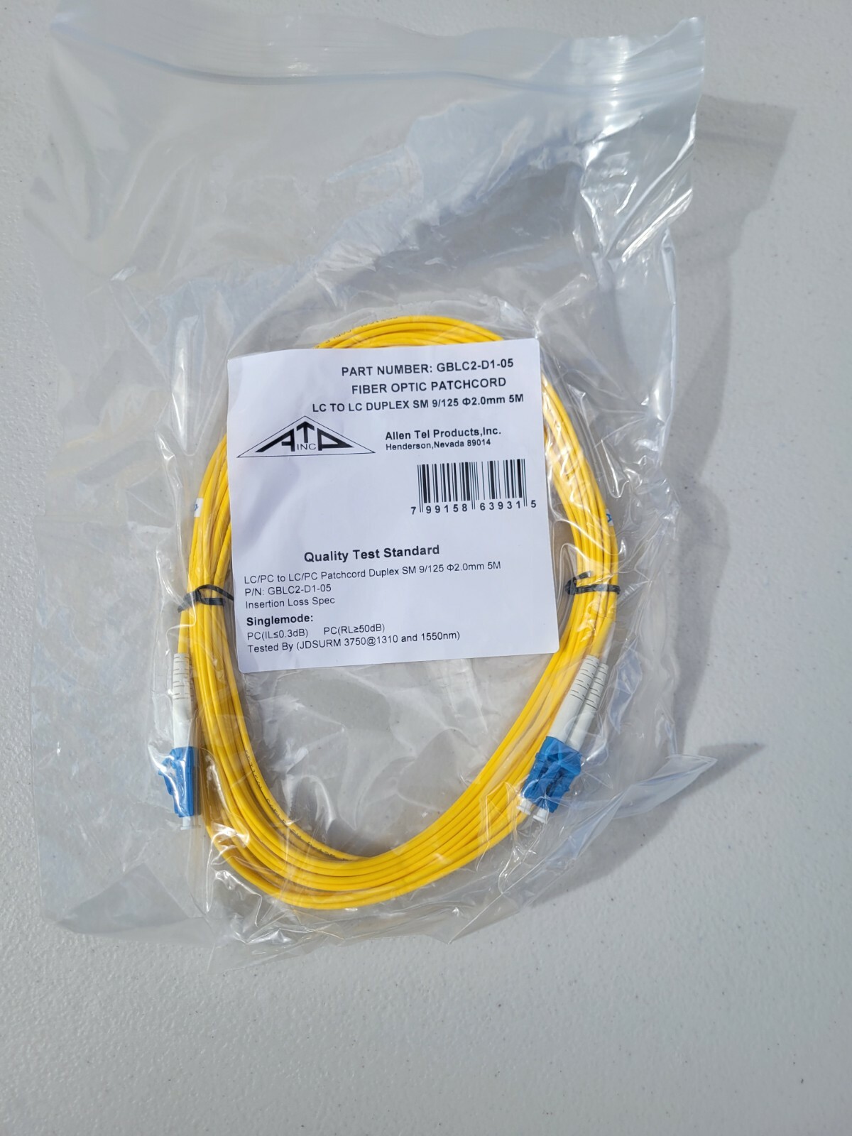 NEW ALLEN TEL GBLC2-D1-05 Singlemode Duplex LC to LC Fiber Optic Patch Cable 5 M