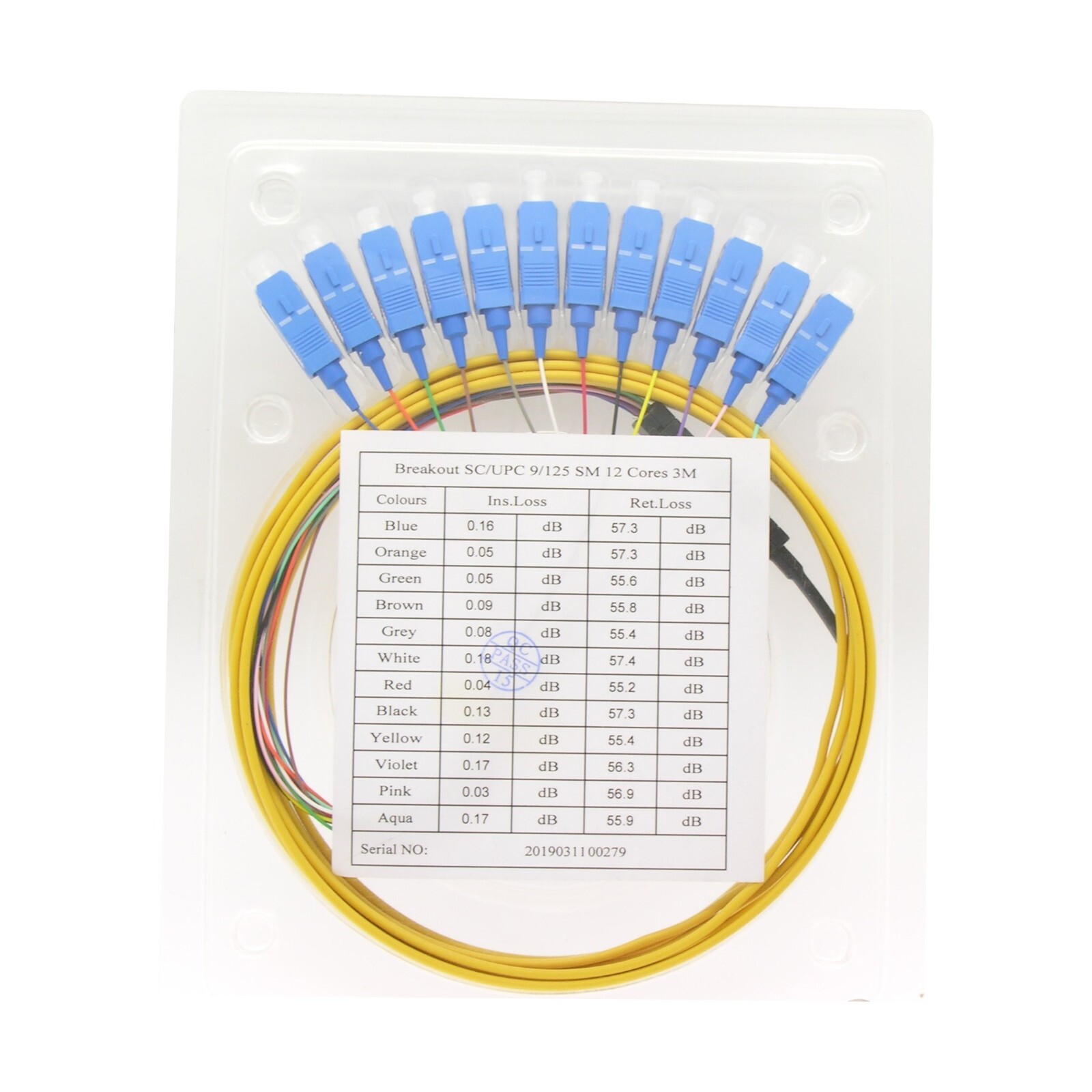 3M 12 Cores Fiber Optic SC UPC Single Mode Flat Patch Cable Pigtail Cord Yellow