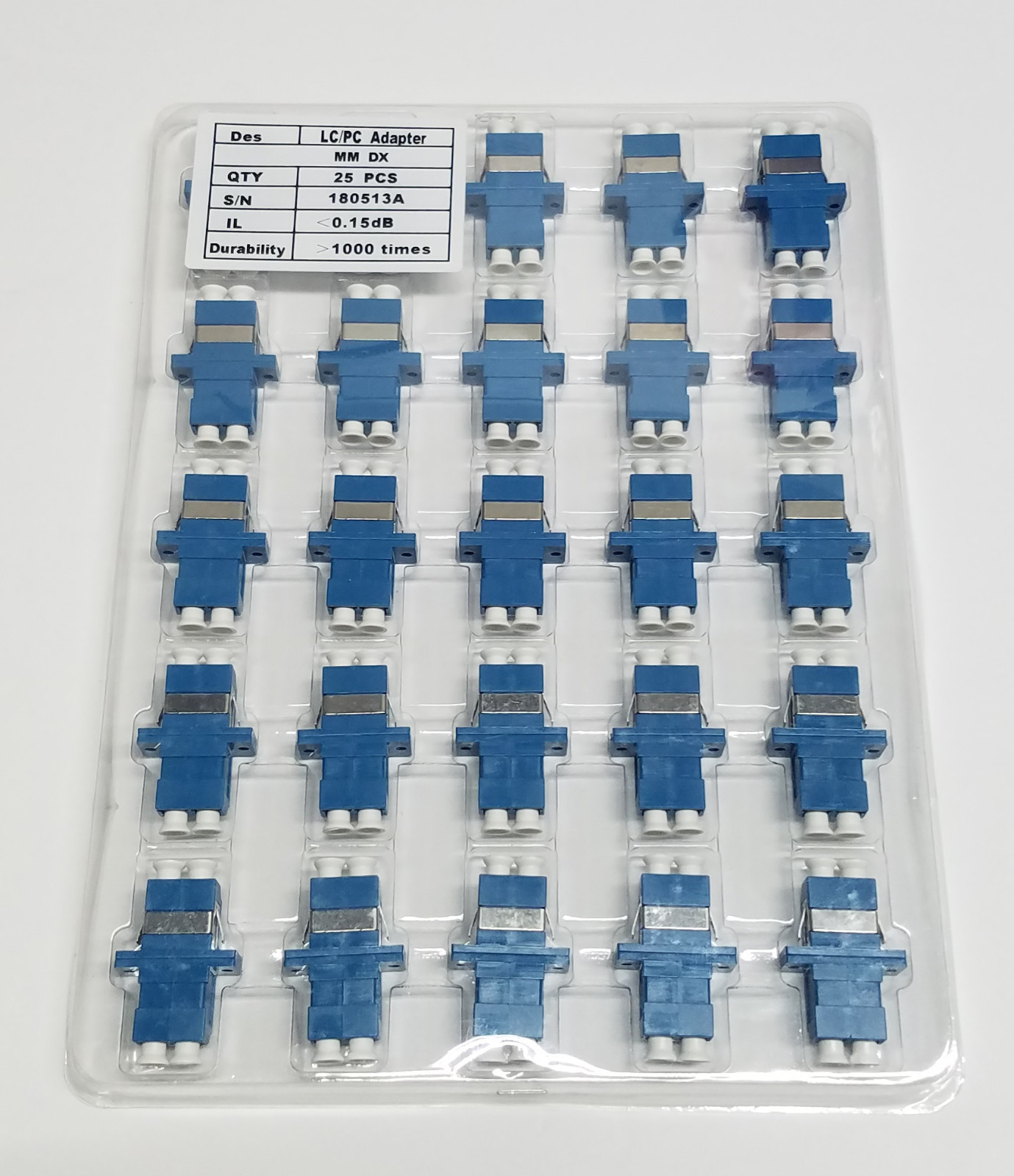 25 Piece Sheet LC/Duplex Singlemode (Blue) Adapters, Ceramic Sleeves & Dustcaps