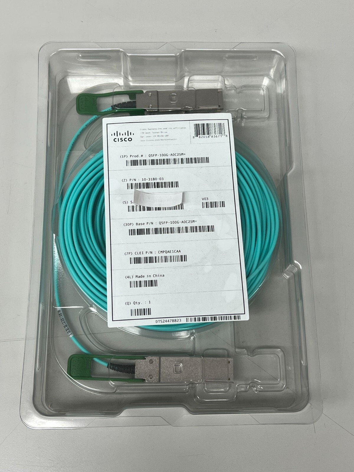 GENUINE CISCO QSFP-100G-AOC25M Cisco 100GBase QSFP 25M AOC New W/ Green Hologram