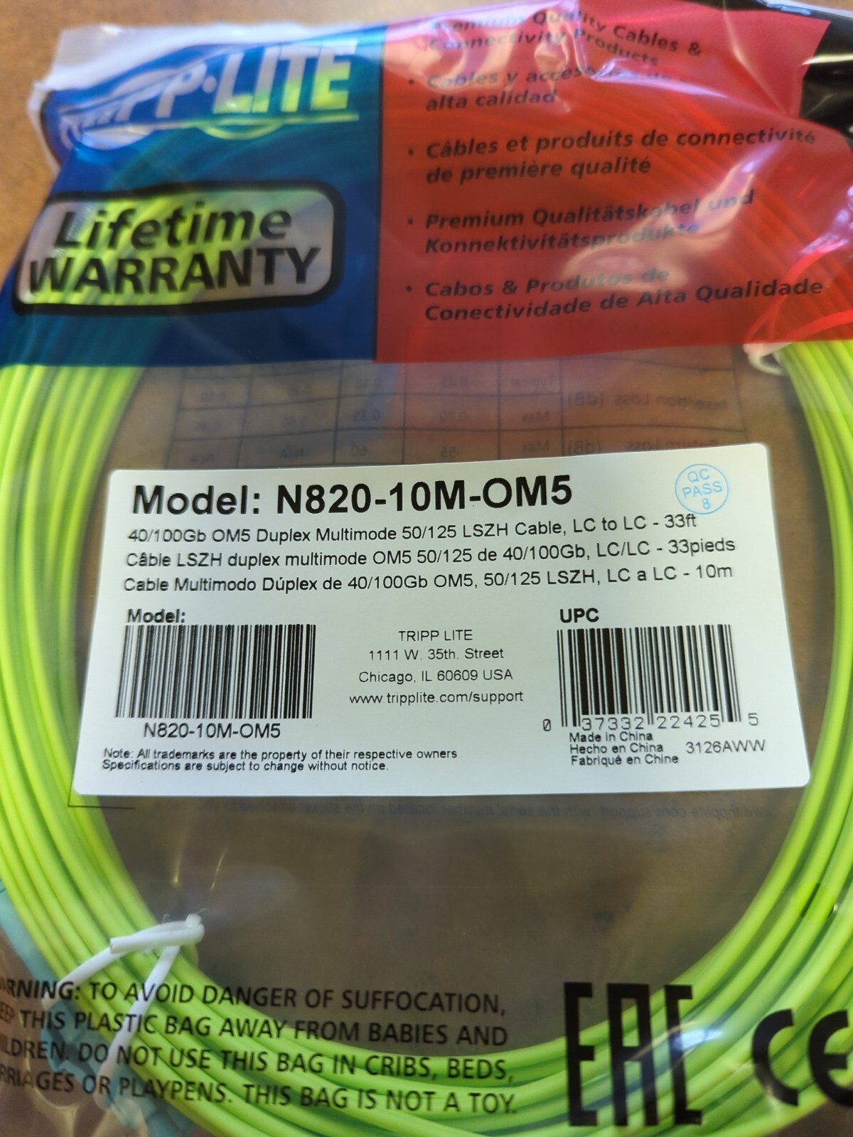 Tripp-Lite 10M Duplex Multimode Fiber Patch Cable OM5 LC LC 50/125 N820-10M-OM5