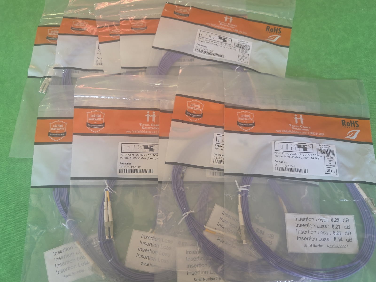 OM4 LC/UPC- LC/UPC Fiber Patch MM Duplex Purple 50/125 14 FT LOT OF 10 PCS NEW