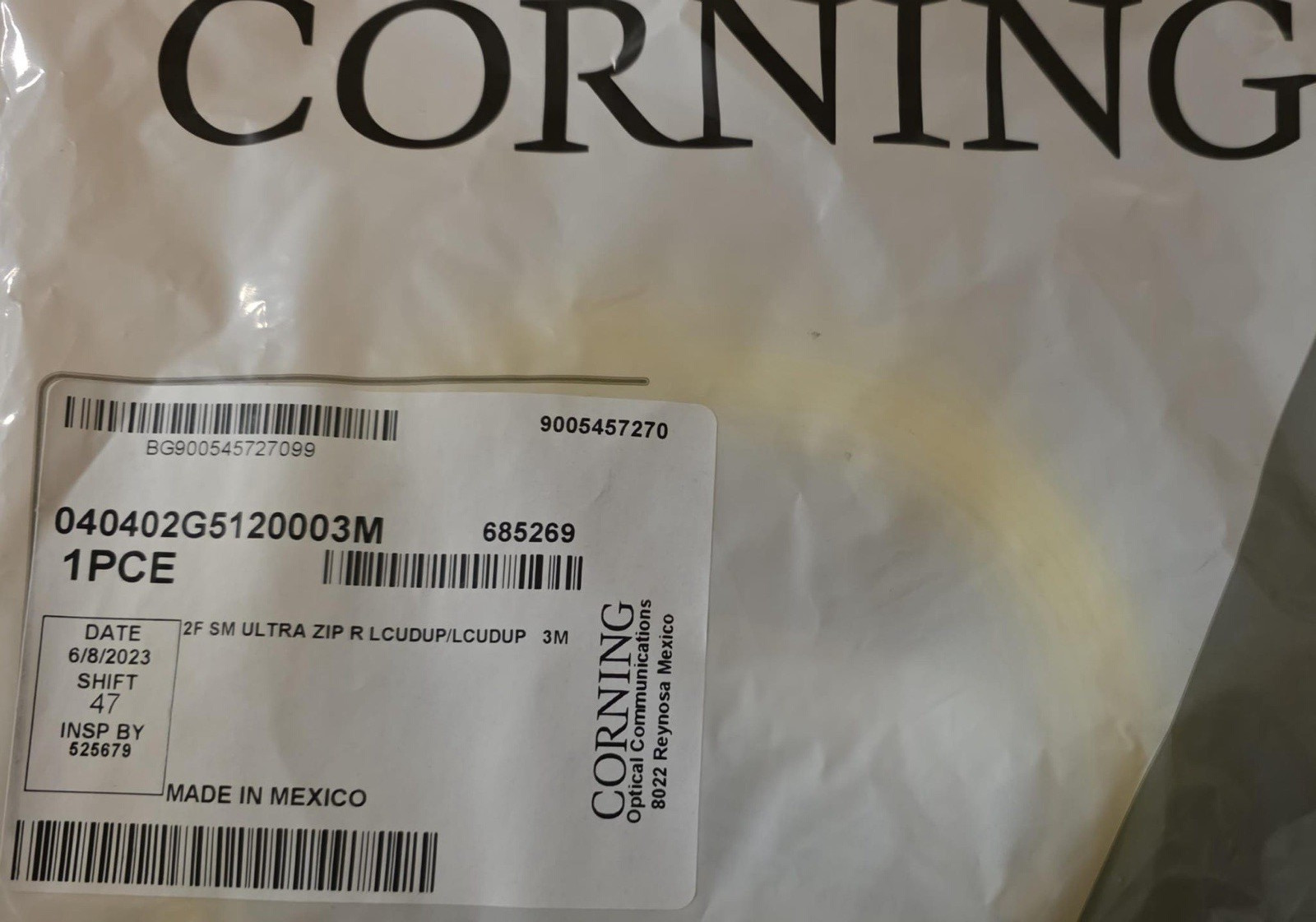 040402G5120003M (Corning) 3M Fiber Optic Jumper LC/LC Duplex Zipcord Cable (OS2)