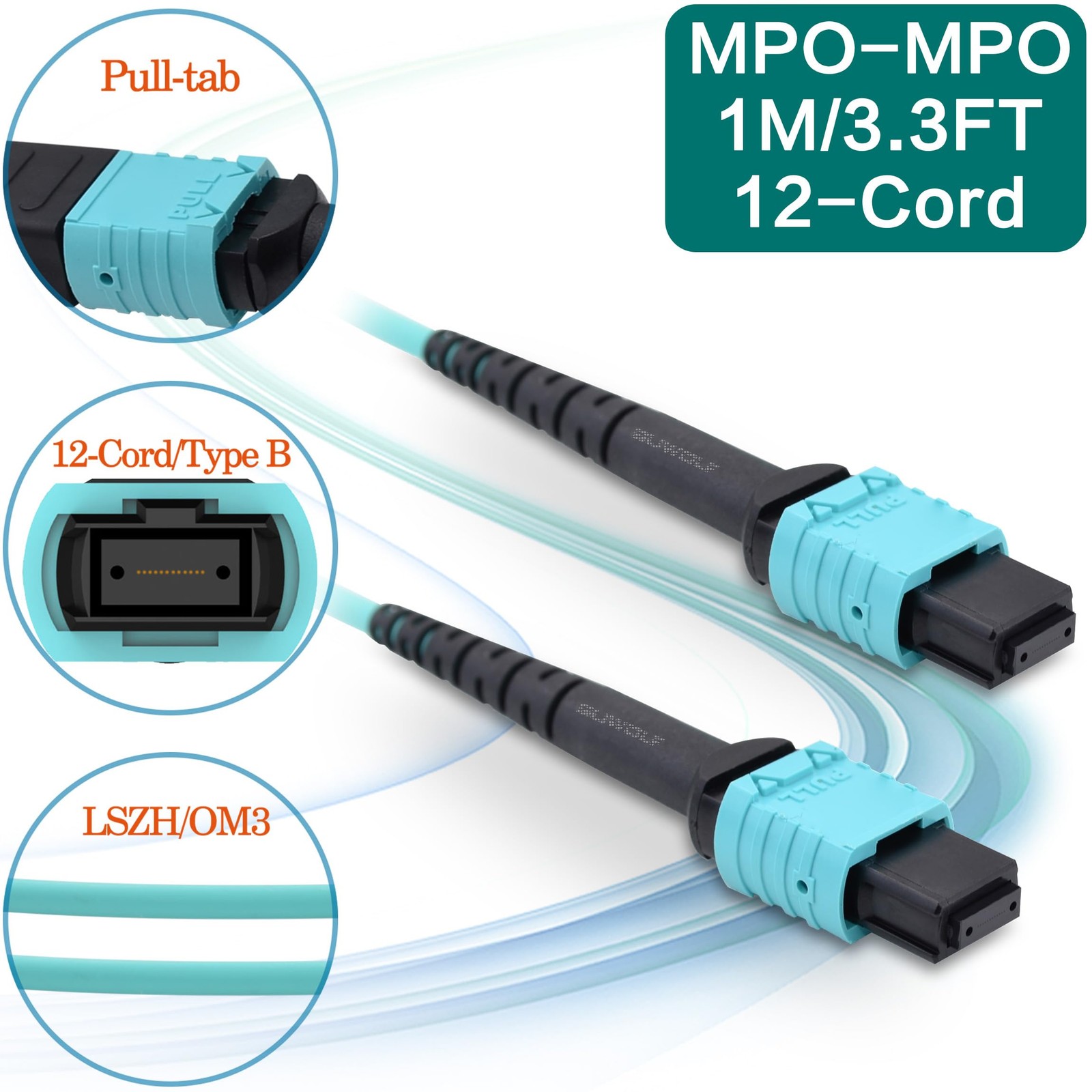 1M/3.3 Ft 12 Core MPO To MPO Optical Fiber Cable OM3 Multimode Type B Patch