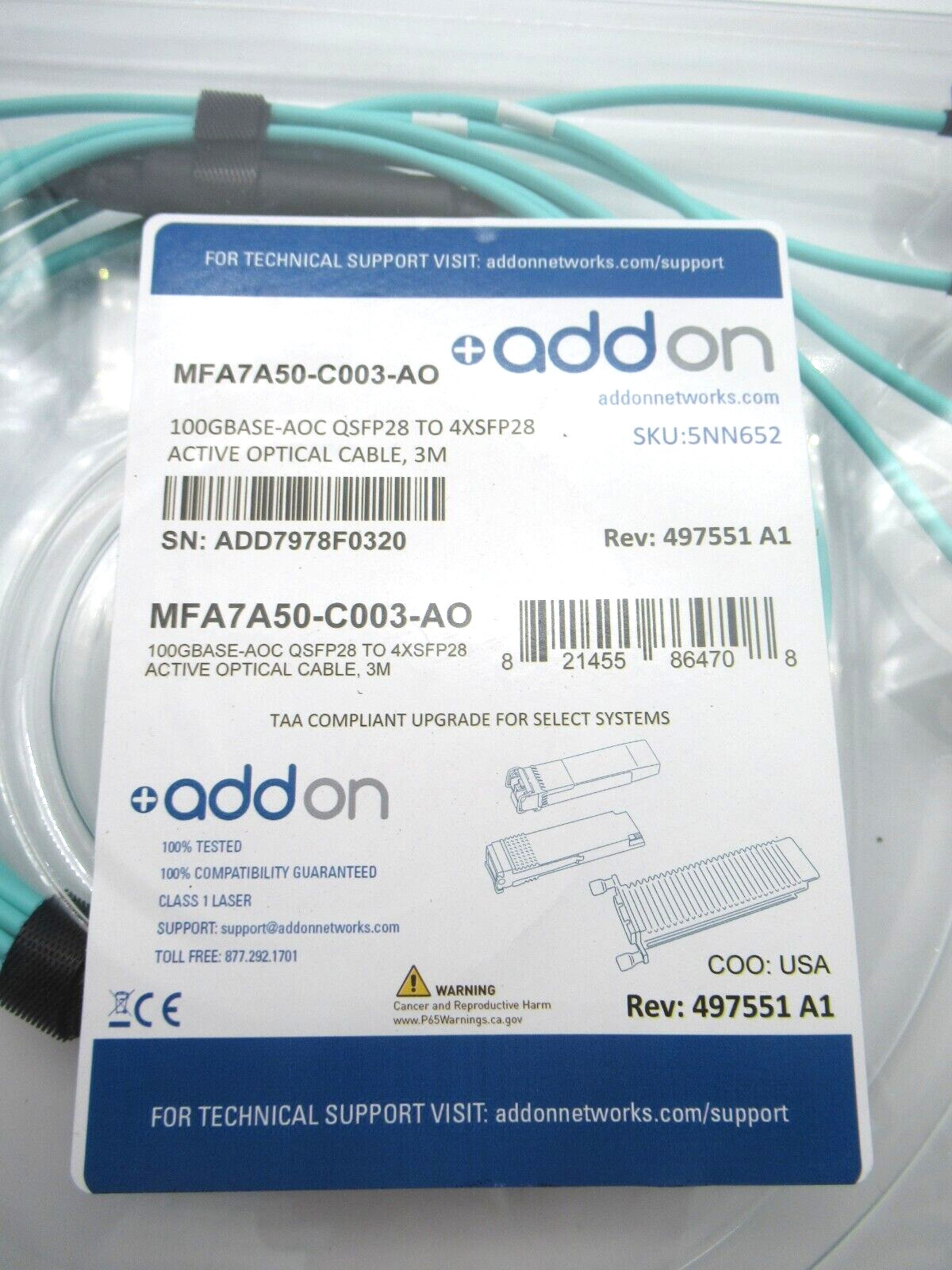 Mellanox Addon 100GBase-AOC QSFP28 4xSFP28 Active Optical Cable MFA7A50-C003 OEM