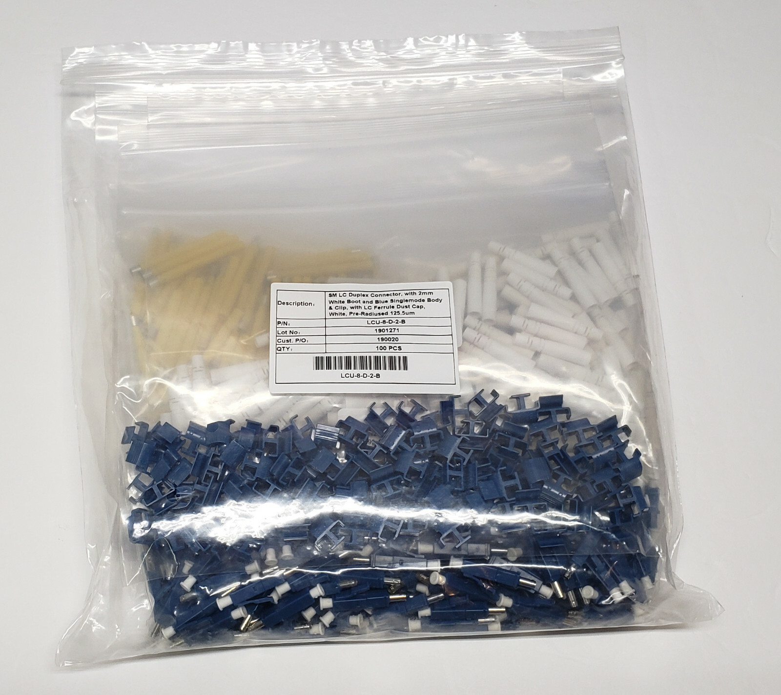 LC/UPC Duplex Epoxy & Polish Connector, SM Blue, 2mm Boot, Pre-Radiused (100 pk)