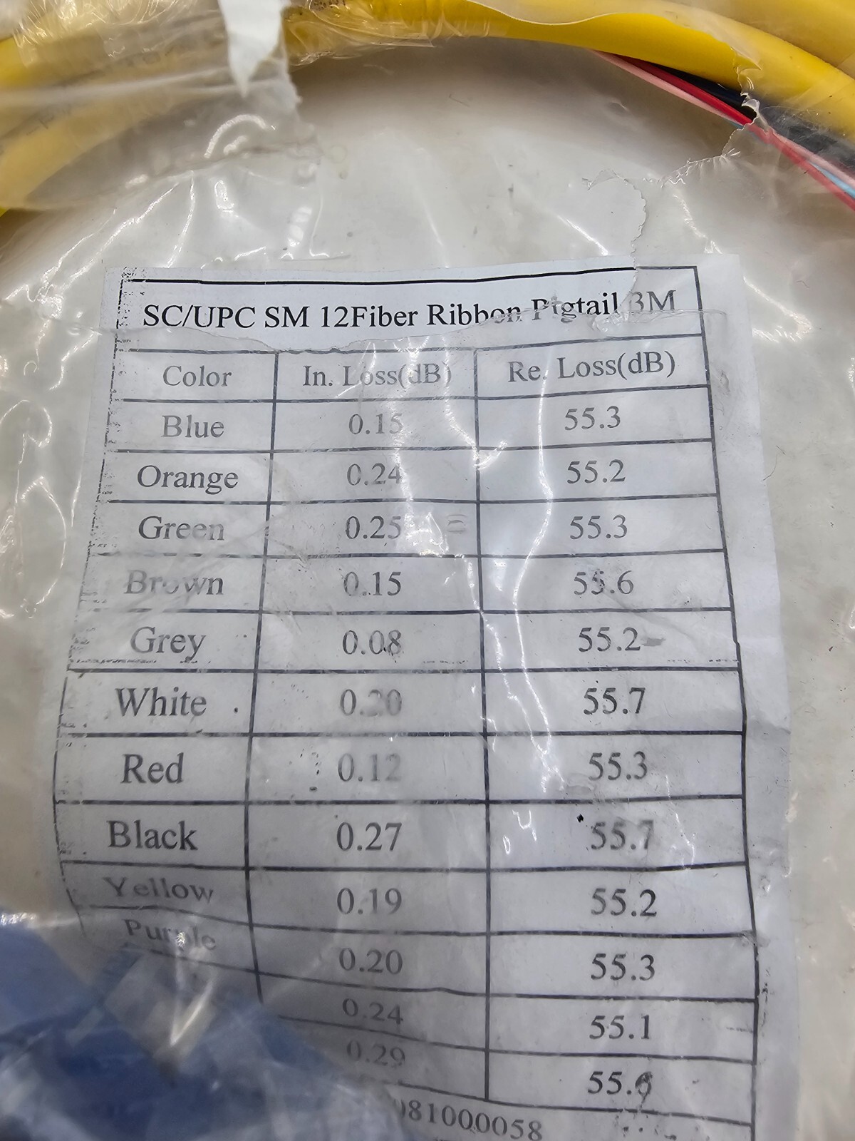 3 Meter SC/UPC SM 12 Fiber Ribbon Pigtail Yellow Blue 0.19dB 55.2dB Single Mode