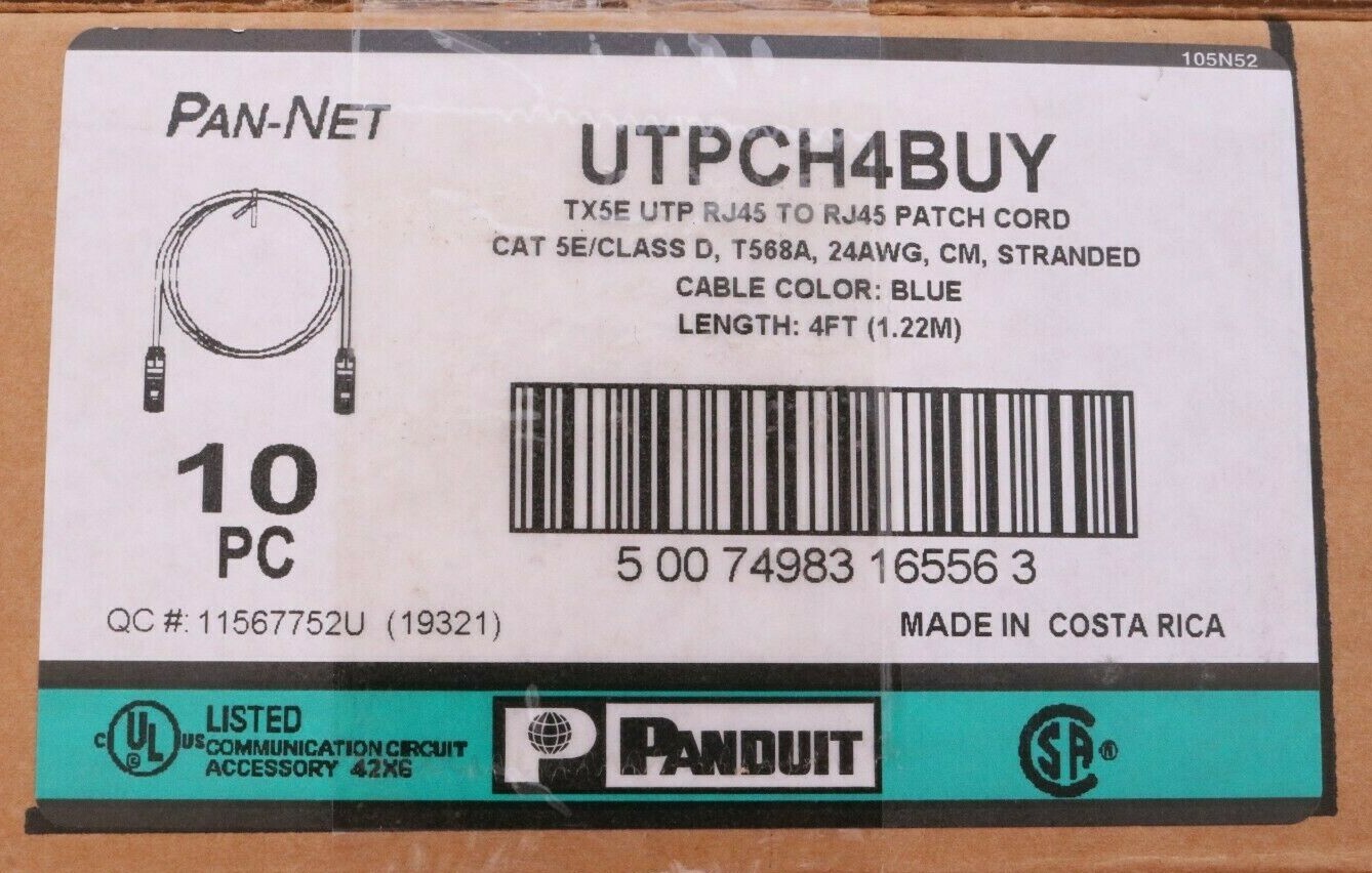 NEW Lot of 10 Panduit Pan-Net 4ft POWERSUM+ CAT 5e Class D Patch Cords UTPCH4BUY