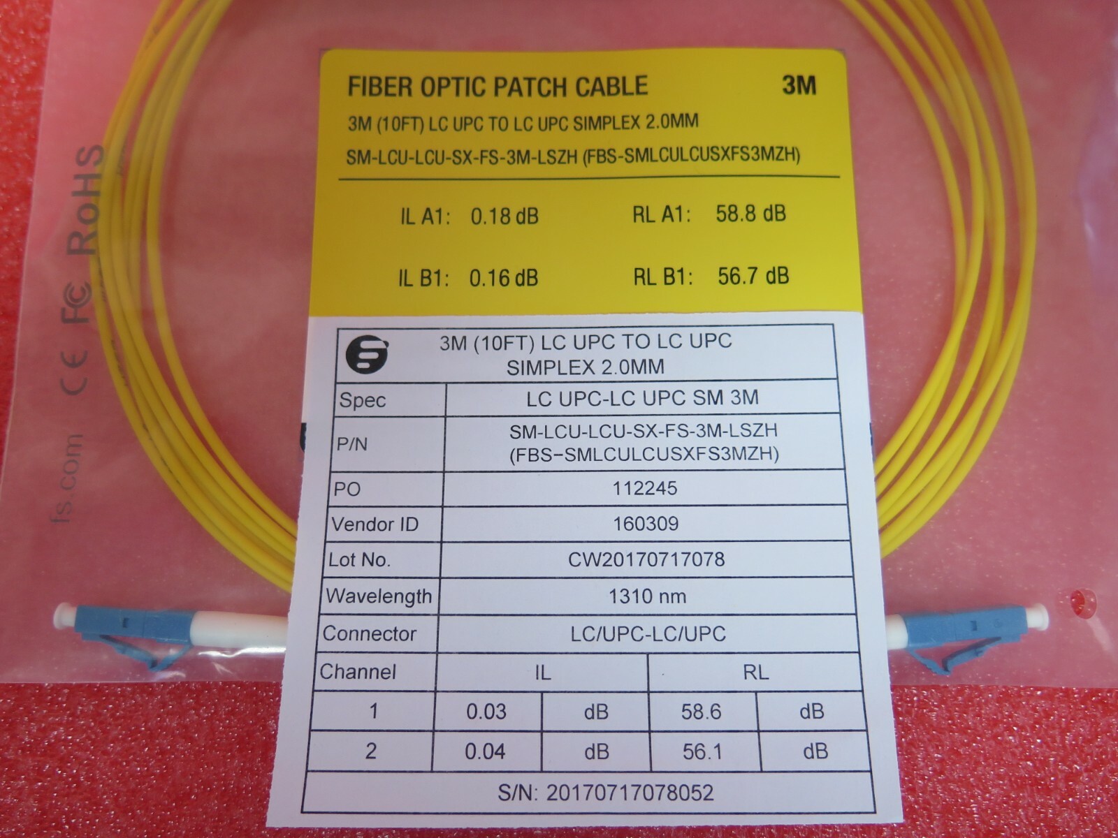 3M LC UPC to LC UPC Simplex 2.0mm Fiber Optic Patch Cable