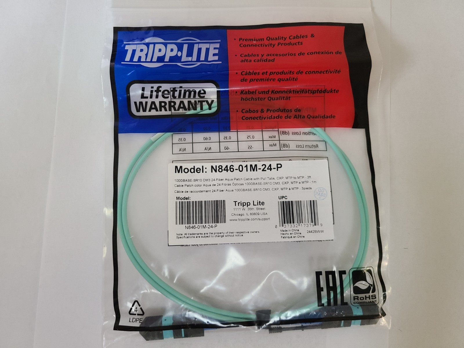 MTP-MTP OM3 Fiber Patch Cable – 3ft (Tripp Lite N846-01M-24-P)