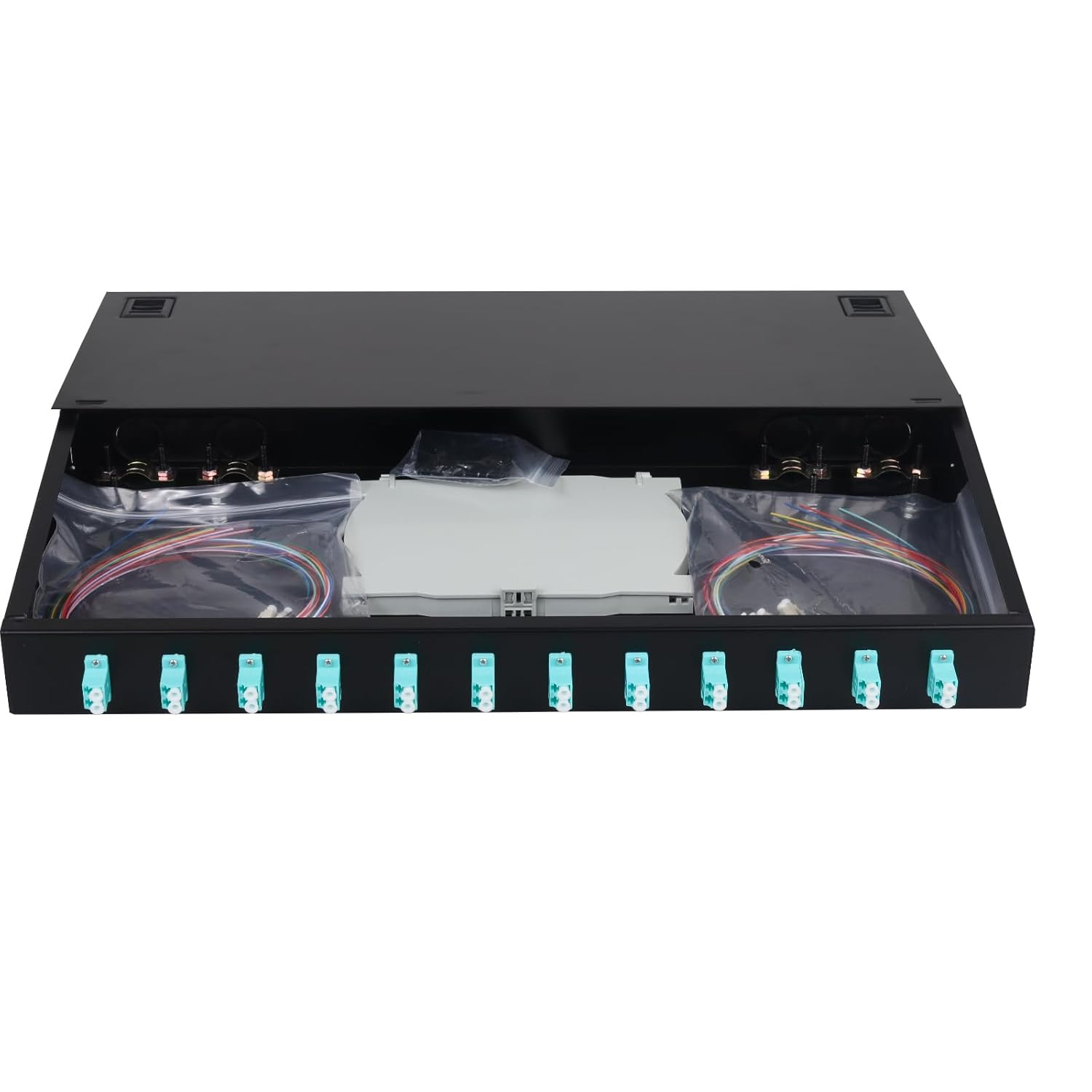 -12 Duplex Multimode 24 Port LC-OM3 Rack Mount Enclosure Box & Splice Trays Fibe
