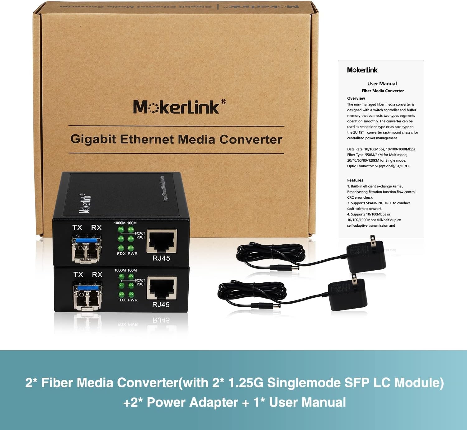 MokerLink Gigabit SFP to RJ45 Converter, A Pair 2 Pack Single-Mode Fiber to