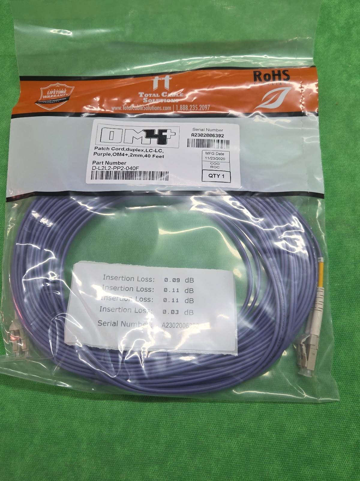 OM4 LC to LC Fiber Optic Patch MM Duplex Purple 50/125 40 FT LOT OF 10 PCS NEW