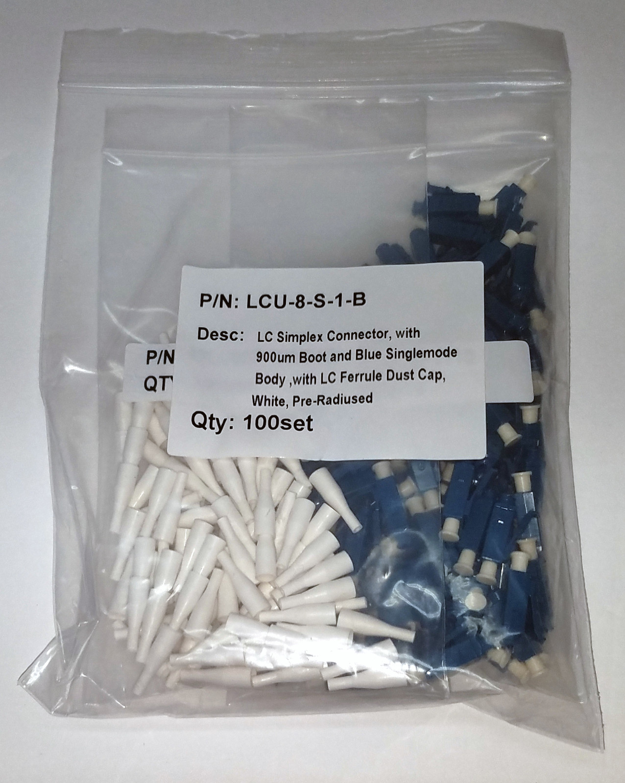 LC/UPC Epoxy & Polish Connector, Blue, 900um Short Boot, Pre-Radiused (100 pack)