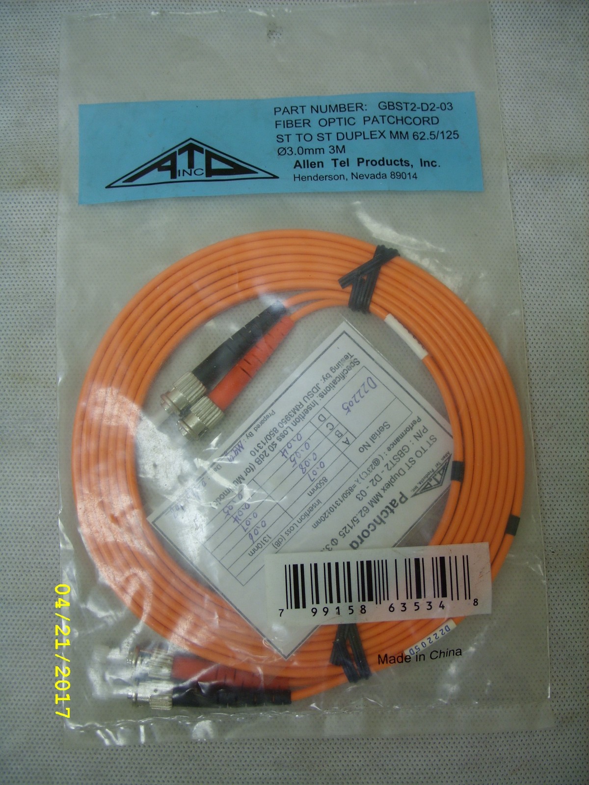 Allen Tel Products Fiber Optic Patchcord GBST2-D2-03 ST to ST Duplex MM 3.0mm 3M