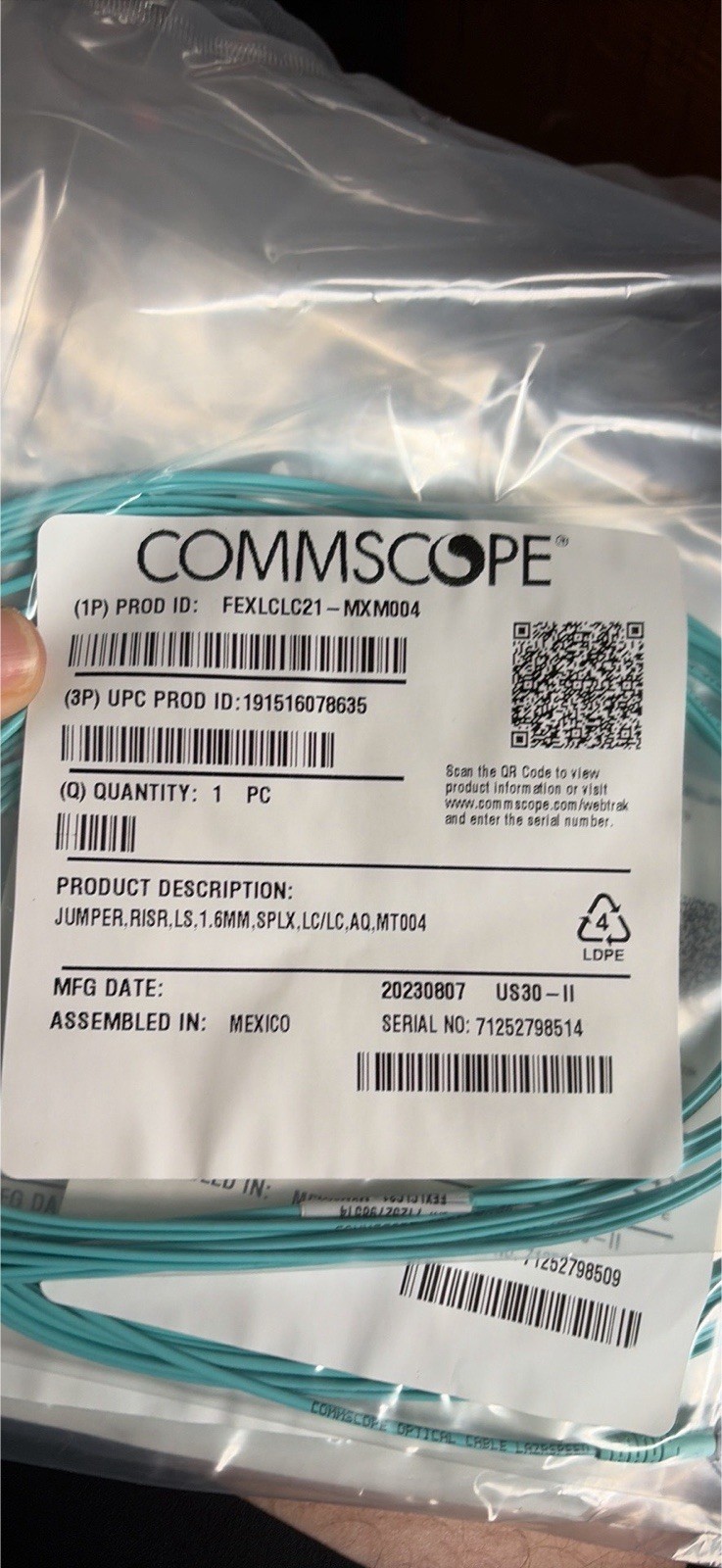 CommScope Simplex LC-LC Aqua Optical Fiber Cable FEXLCLC21-MXM004 lot of 12