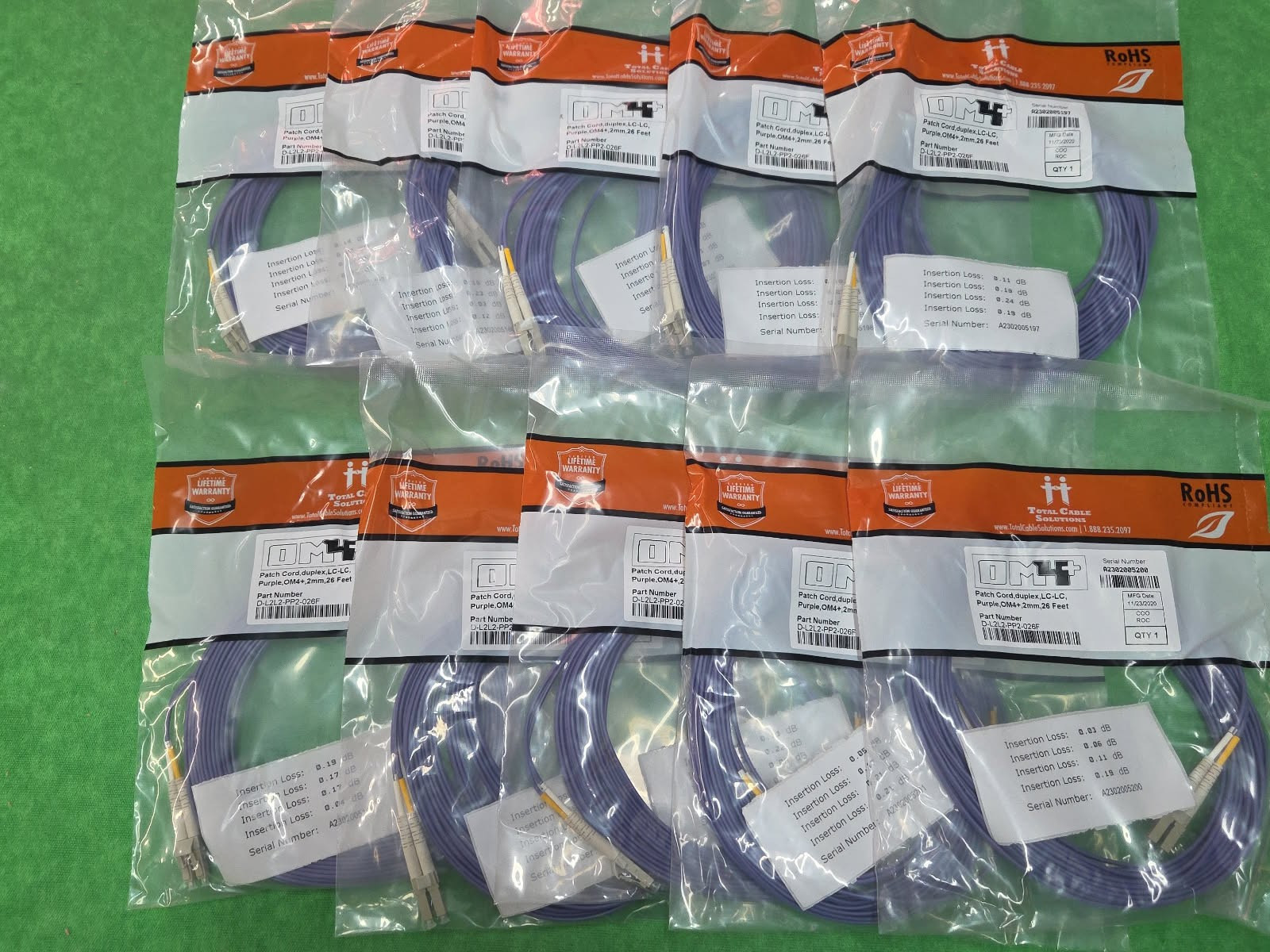 OM4 LC/UPC- LC/UPC Fiber Patch MM Duplex Purple 50/125 26 FT LOT OF 10 PCS NEW