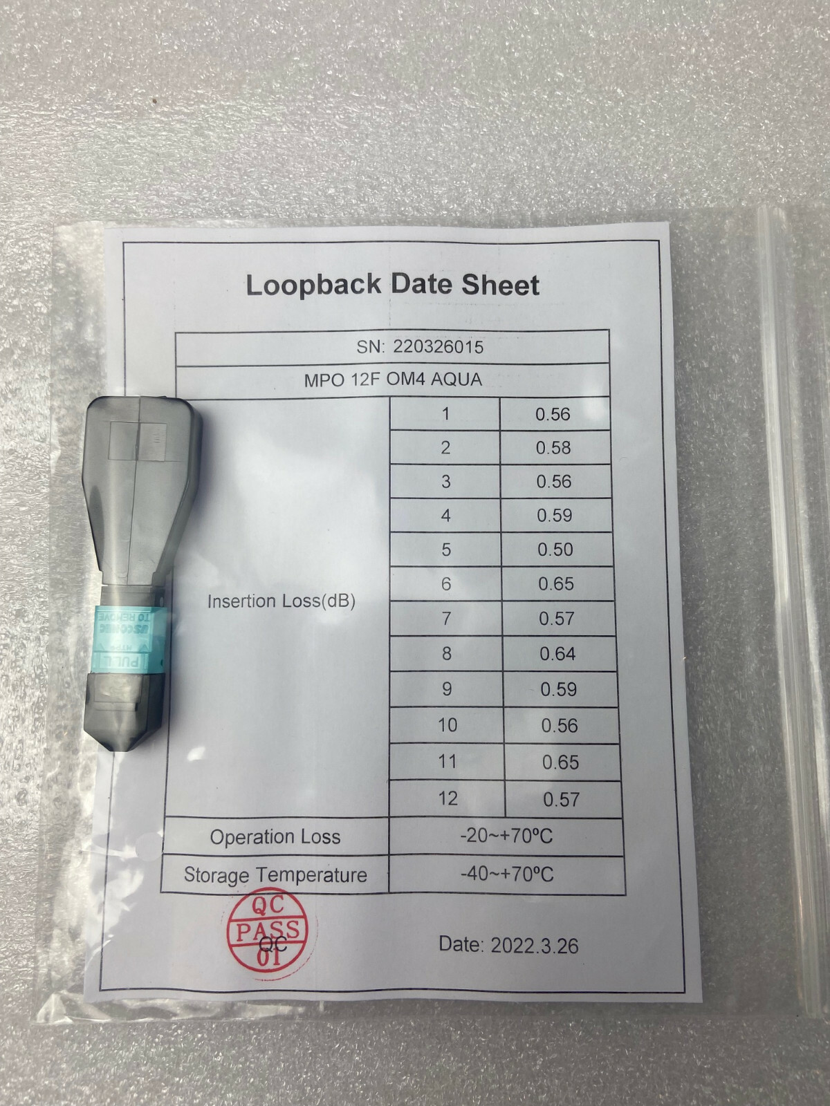 New Mpo Fiber Optic Loopback Female 12-Core Mpo Key Up Multimode OM4 / OM3