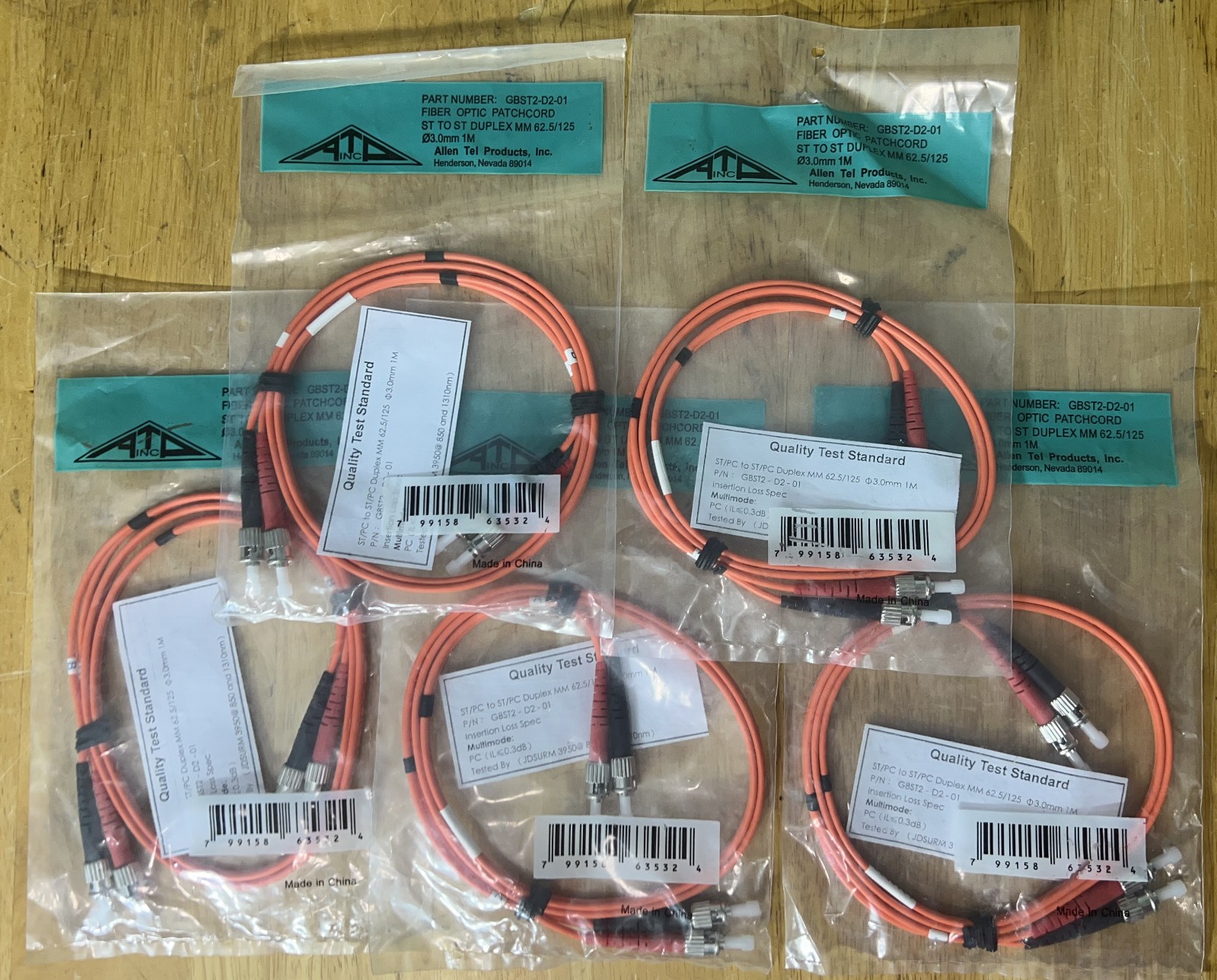 QTY 5 Allen Tel Products GBST2-D2-01 Fiber Optic Jumper Cable 1 meter long