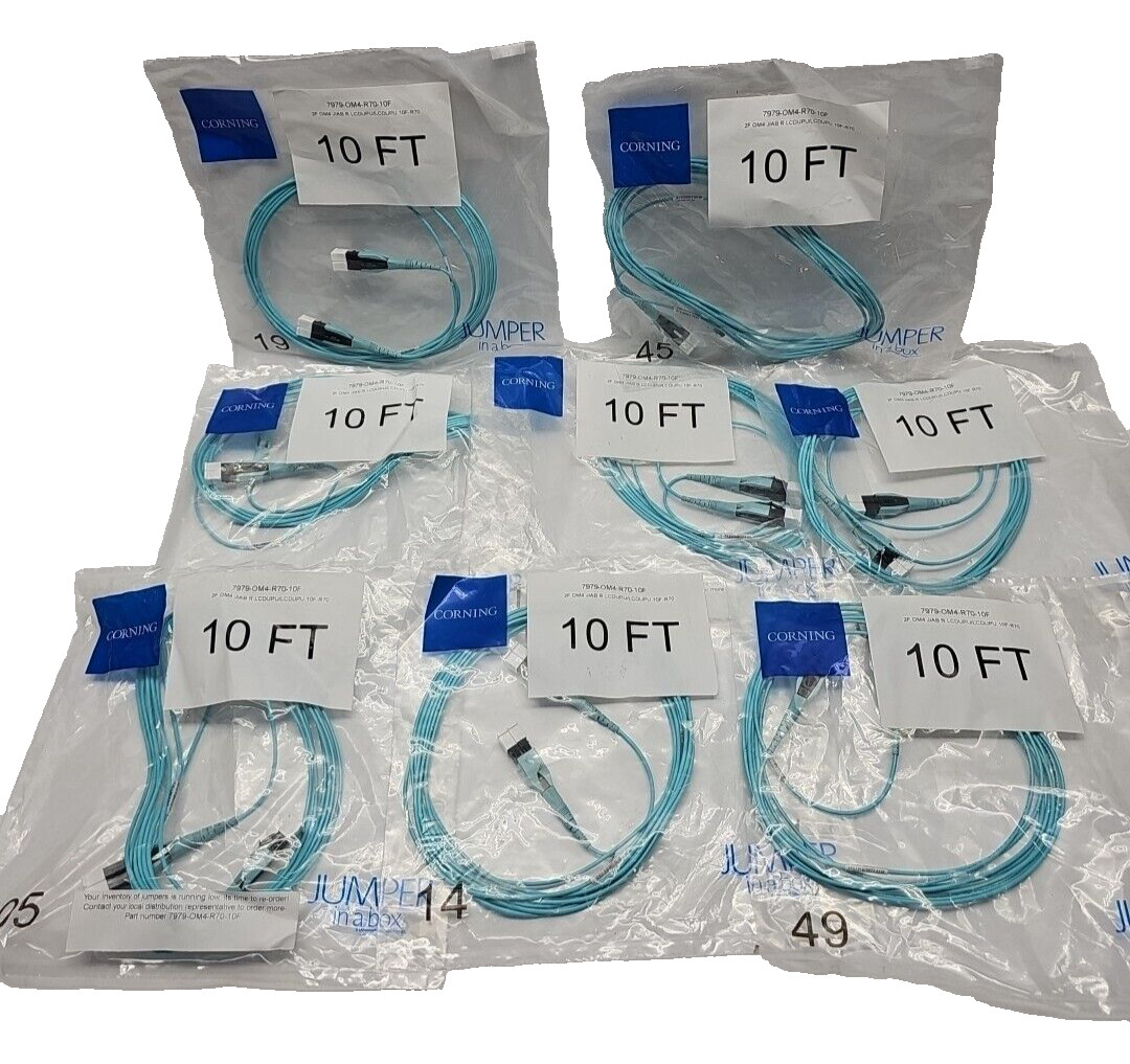 Lot of 8 CORNING 10ft, 2F OM4 JIAB R LCDUPU/LCDUPU Fiber Optic Cable 7979-OM4-..