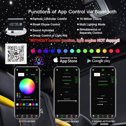 Fiber Optic Starlight Kit 16W 150 Strands 6.5ft 0.75mm APP Control Remote Car
