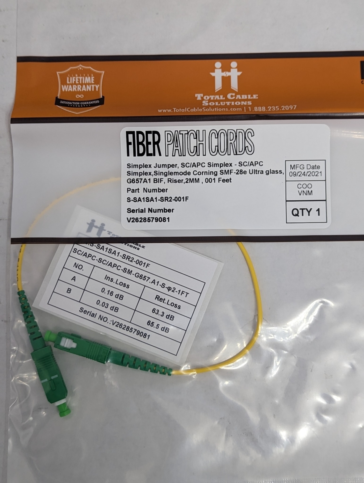 Lot of 10 Fiber Optic Jumper SC/APC to SC/APC Single Mode OS2 1FT Corning Glass