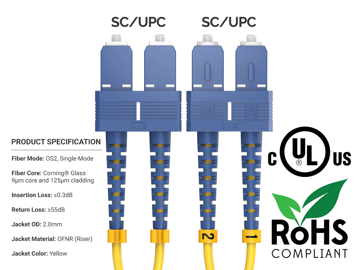 10m OS2 SC to SC UPC Duplex Corning Fiber Optic Cable SingleMode 9/125 OFNR R…