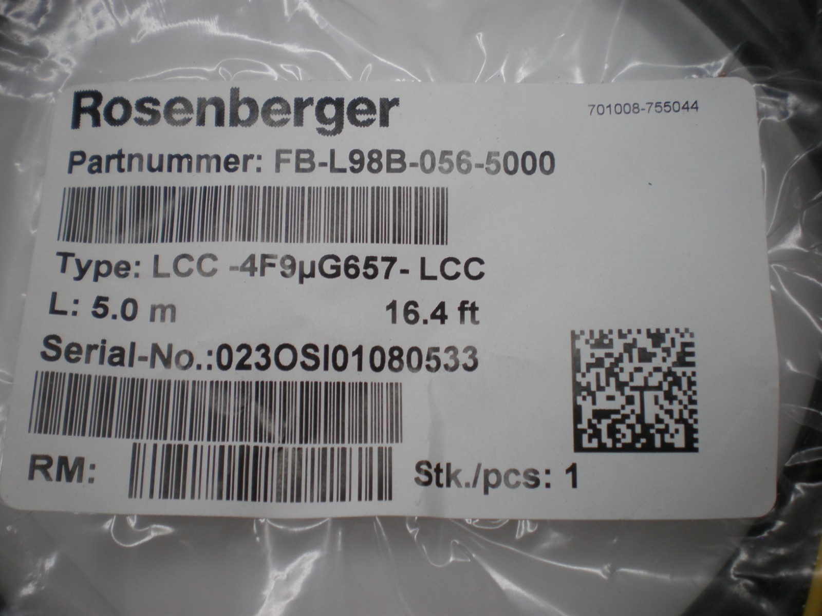 Rosenberger FB-L98B-056-5000, Fiber Jumper Cable 5M 16.4′ FT LLC-4F9μG657-LCC