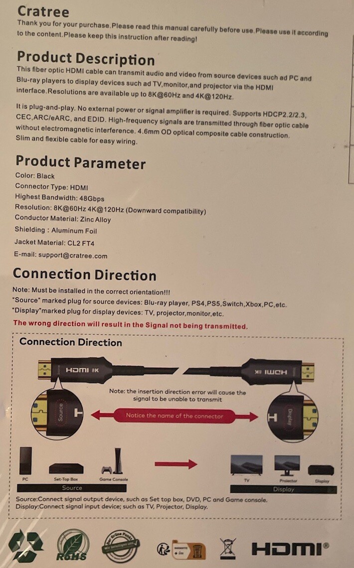 8K Ultra High Speed Fiber Optical HDMI Cable 50’