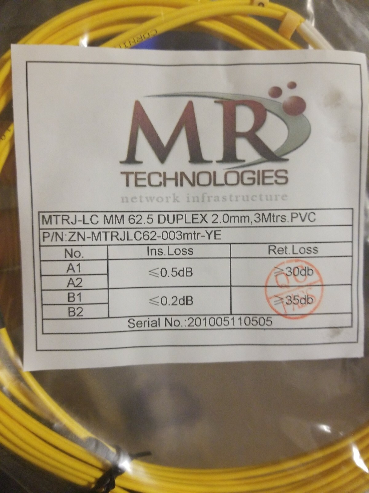 Fiber Optic MTRJ-LC MM 62.5 DUPLEX 2.0mm, 3Mtrs.PVC P/N: ZN-MTRJLC62-003mtr-YE