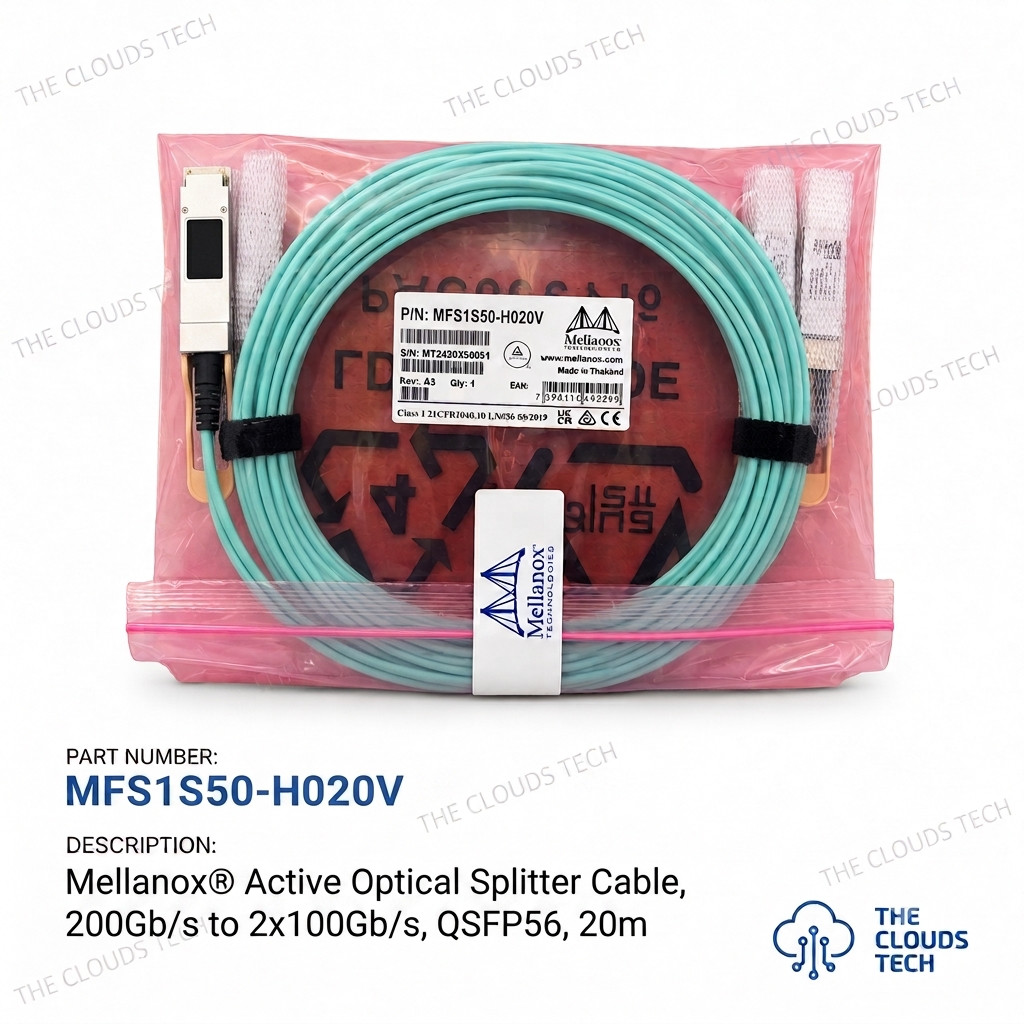 Brand New Mellanox MFS1S50-H020V Active Optical Cable, 200Gbps to 2x100Gbps