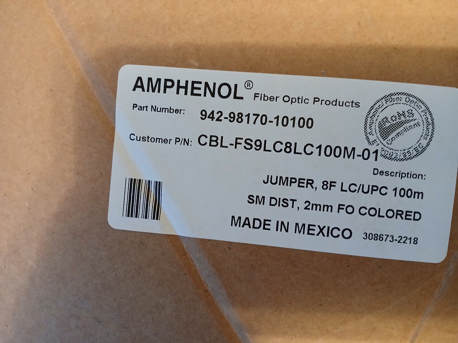 Amphenol CBL-FS9LC8LC100M-01 fiber optic jumper cable assembly 8Fiber 100m