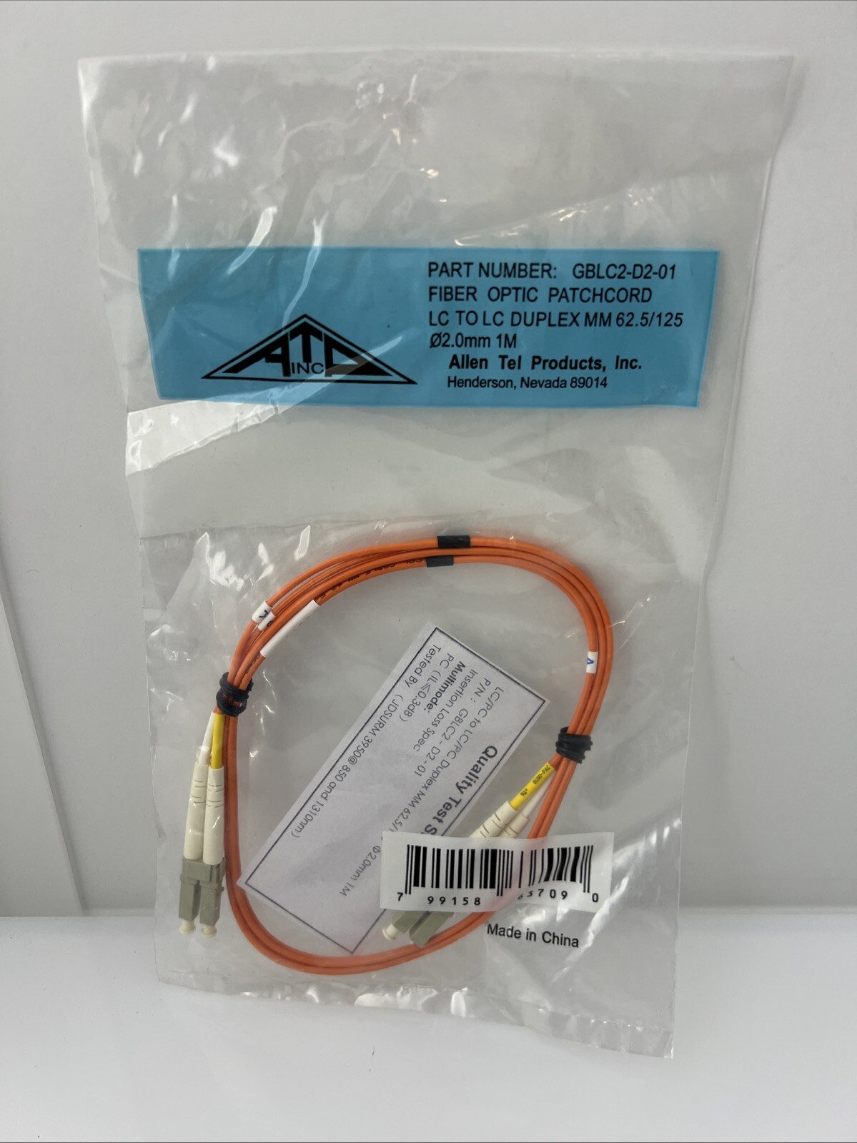 Allen Tel GBLC2-D2-01 Fiber Optic Patch Cord, Multimode OM1 Duplex LC to LC, 1 M