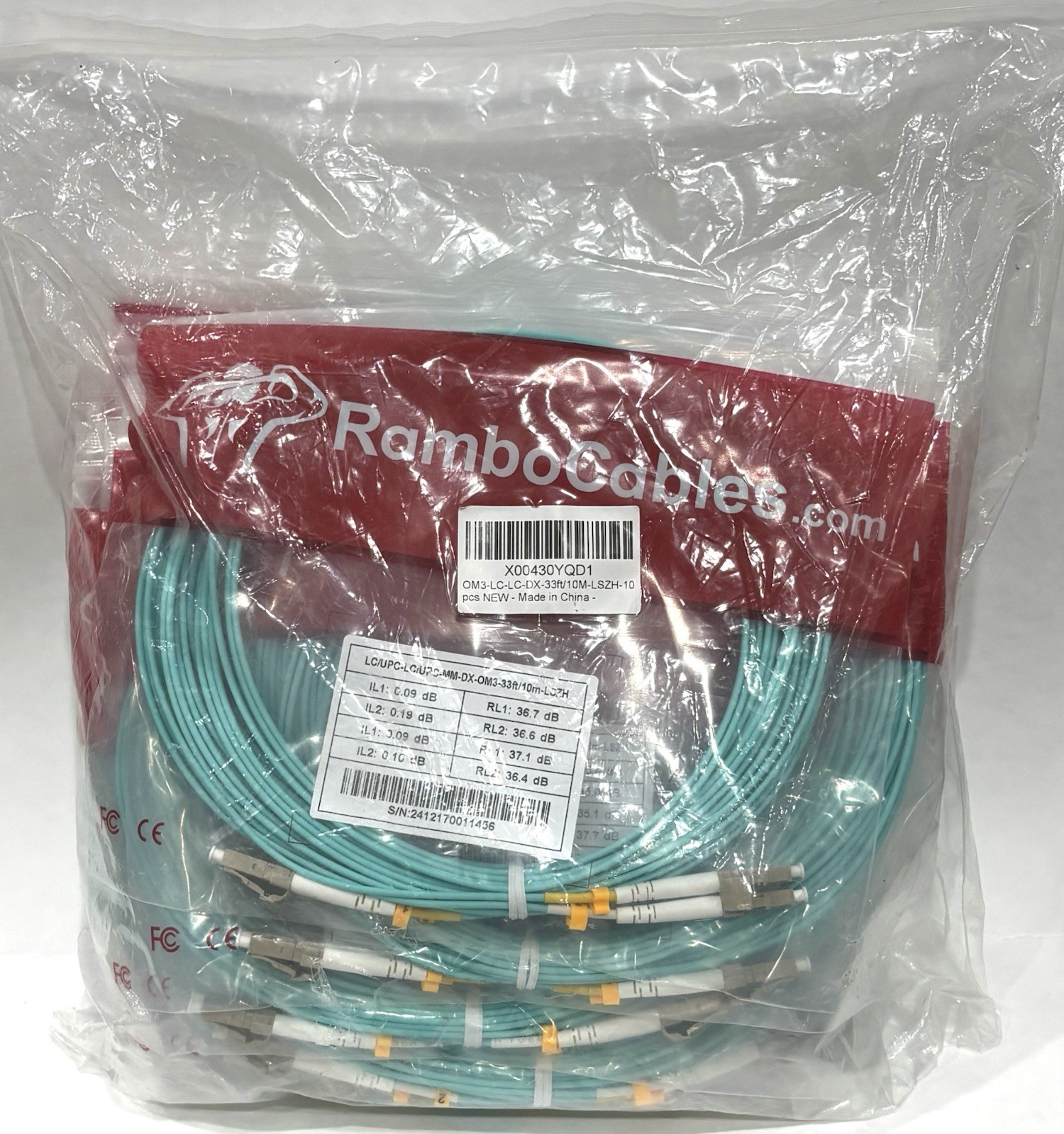 Lot of 10 RamboCables LC/UPC Duplex OM3 Multimode Fiber Cable 33ft 10m LSZH New