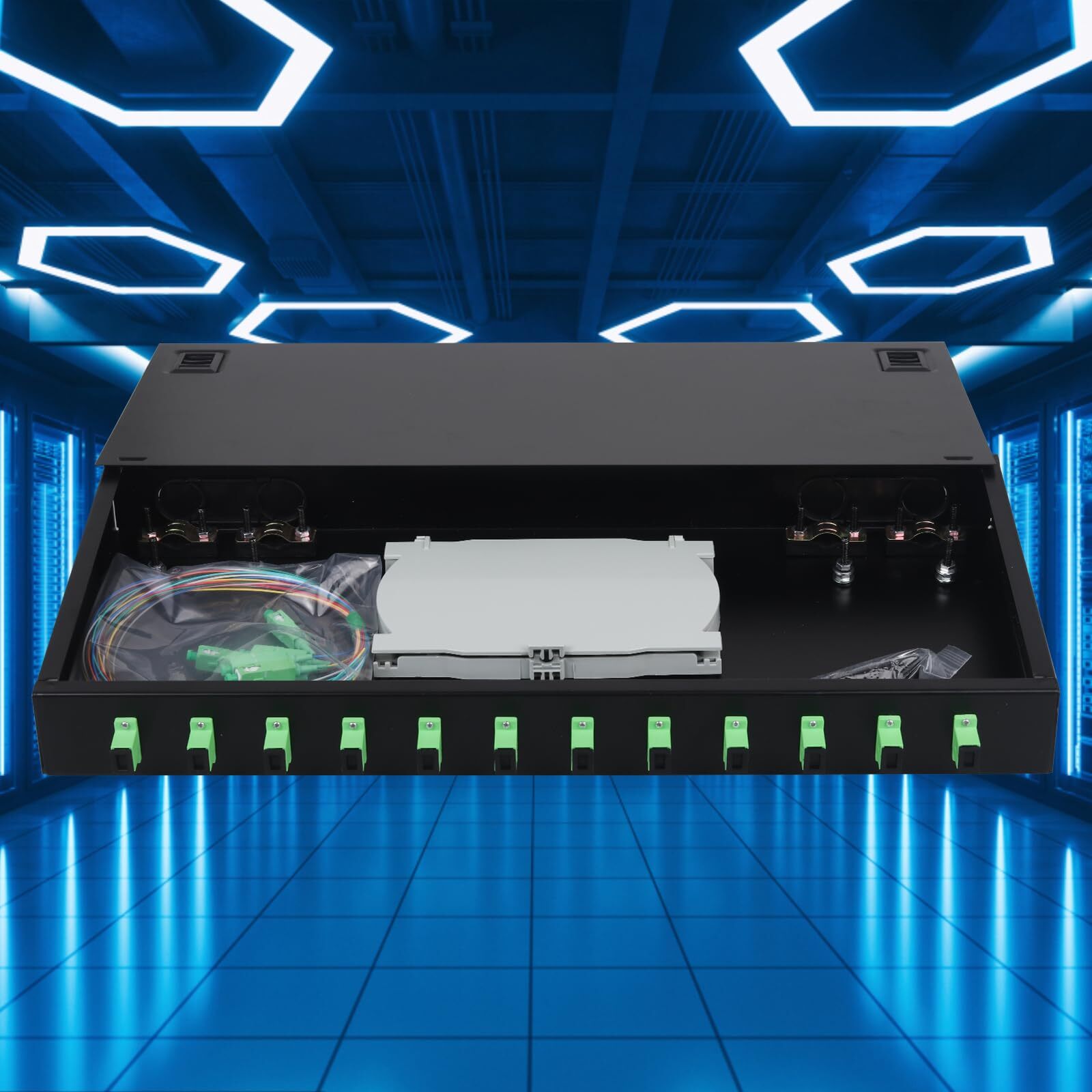 SC-APC 12 Simplex 12 Port Rack Mount Enclosure Box with Splice Tray Singlemod…