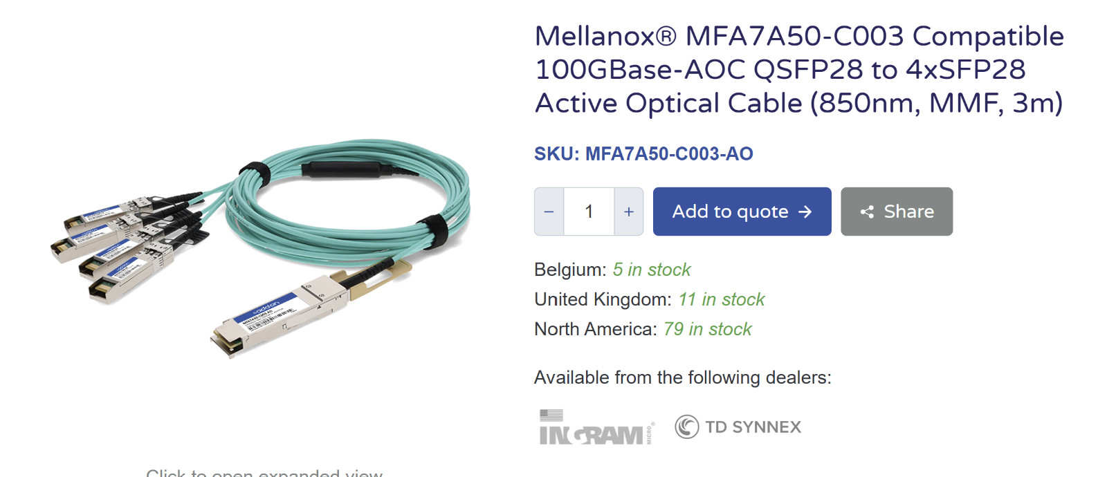 Mellanox Addon 100GBase-AOC QSFP28 4xSFP28 Active Optical Cable MFA7A50-C003 OEM