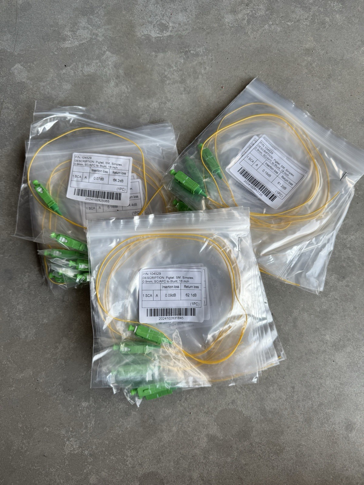 Pigtail SM Simplex, 0.9mm, SC/APC to Blunt, 18 inch Fiber Optic Cable LOT OF 30