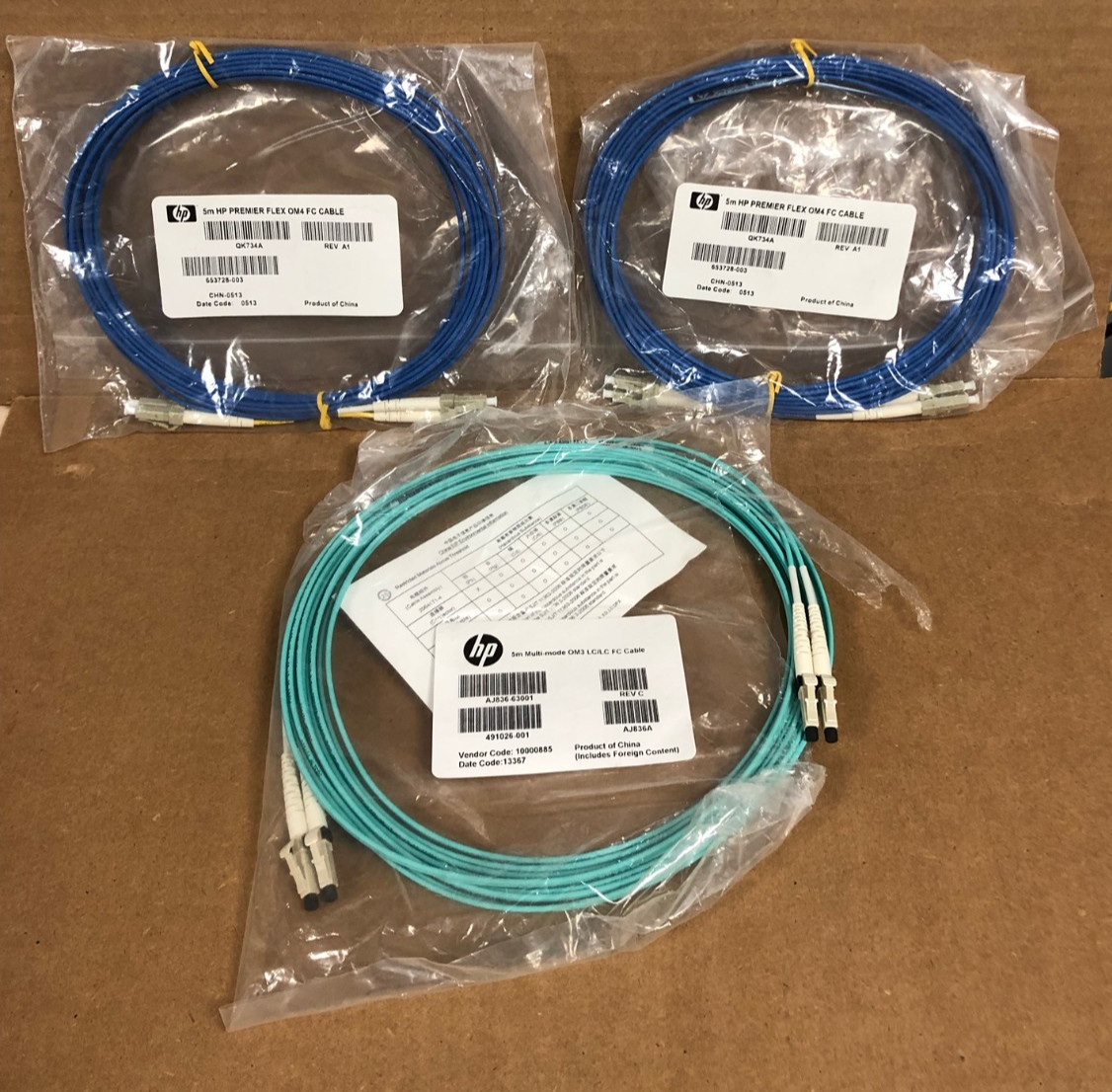 (X2) HP QK734A 5m fiber optic OM4 & (X1) HP AJ836A 5M Multi Mode OM3 LC/LC cable