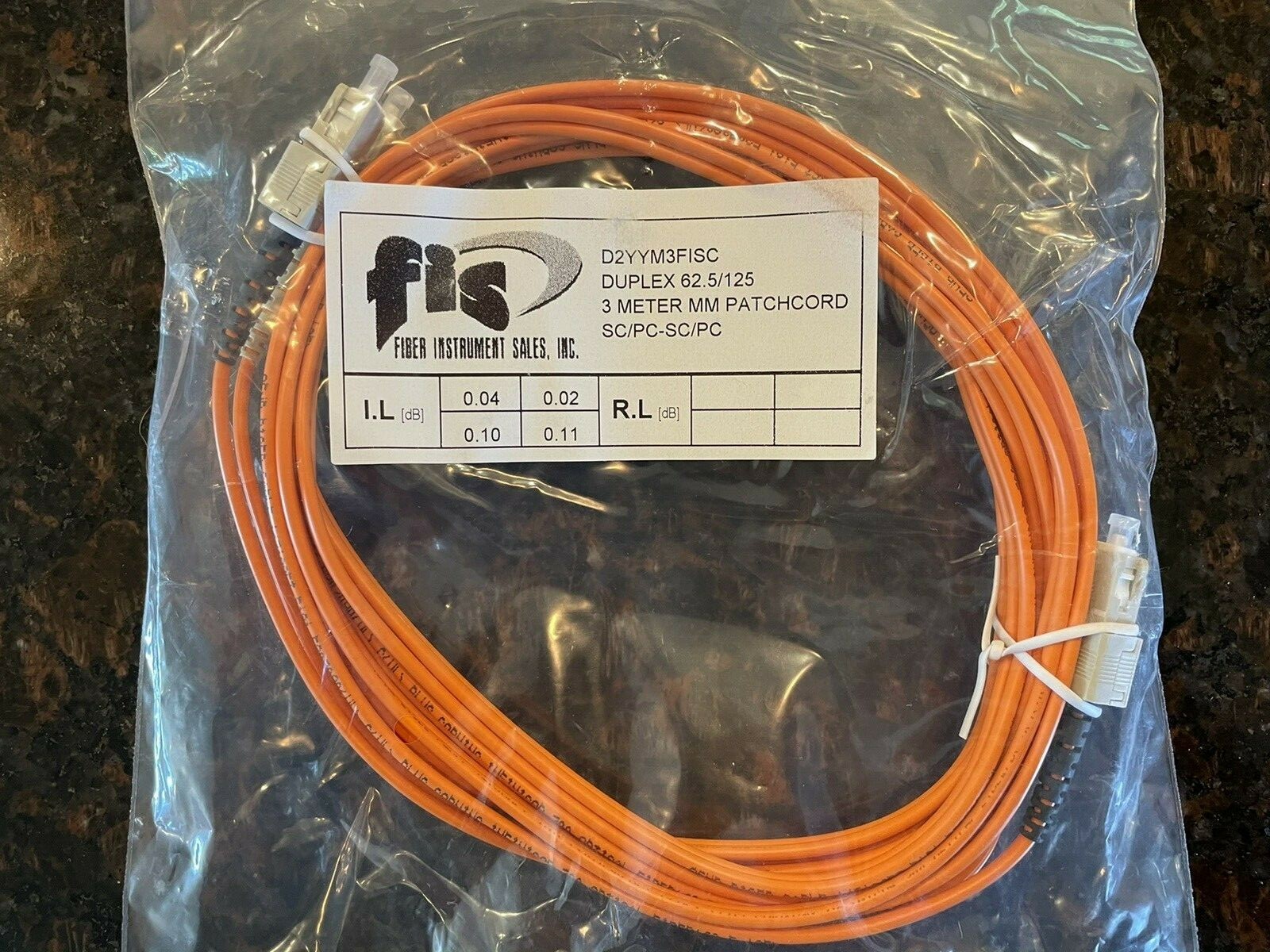 Patch Cord SC/PC to SC/PC MM Duplex 62.5/125 3 Meters 3M, FIS, NEW, Qty Discount