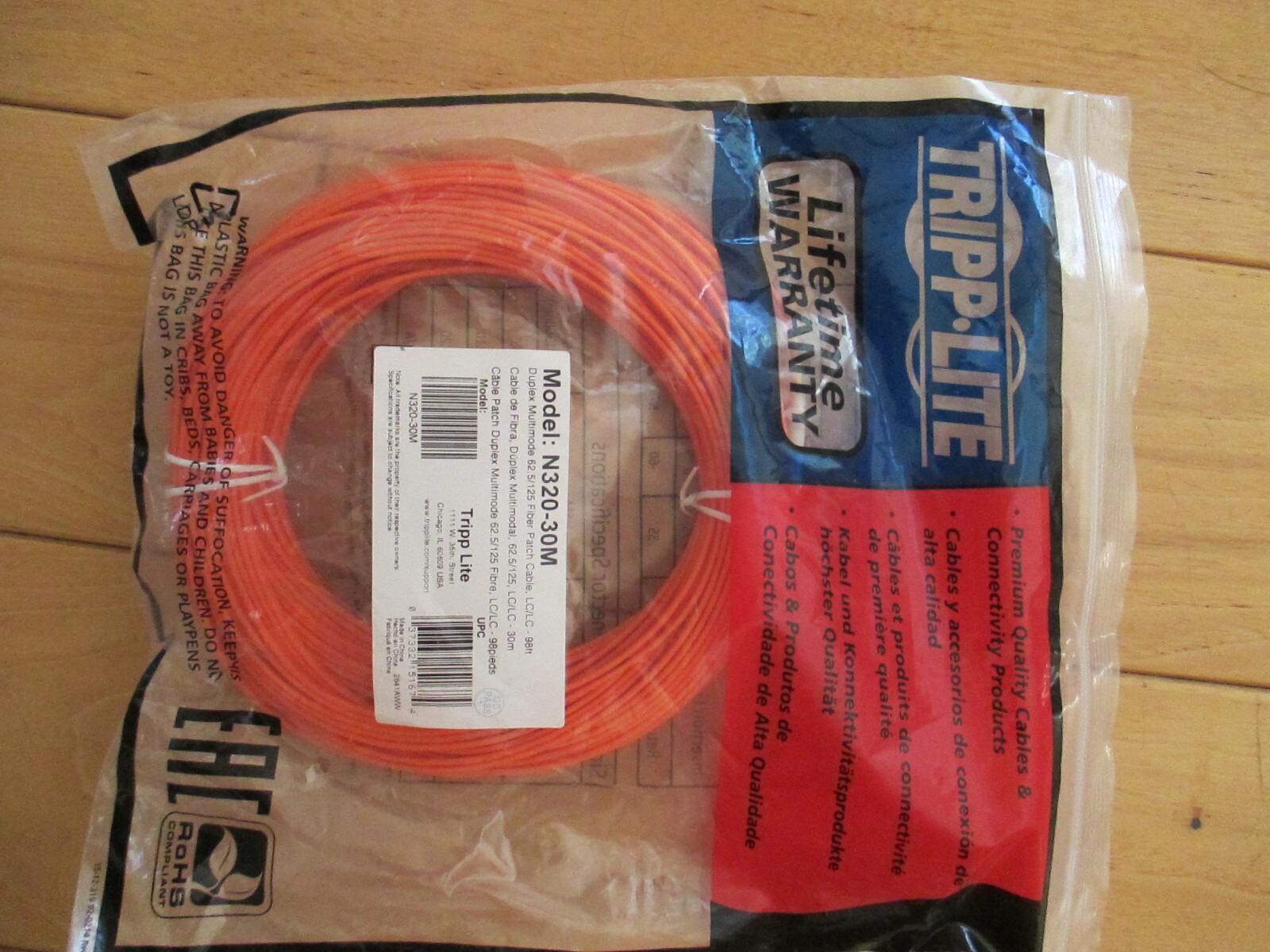 TRIPP-LITE N320-30M FIBER OPTIC PATCH CABLE 30M 98′ LC/LC DUPLEX 62.5/125