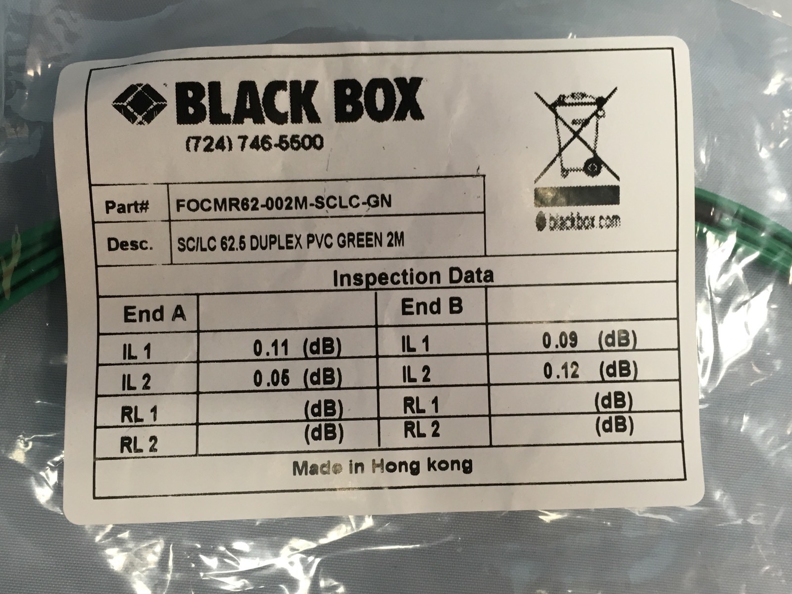 9 NEW Black Box FOCMR62-002M-SCLC-GN Duplex FOP Cable 6.5-ft SC-LC Green