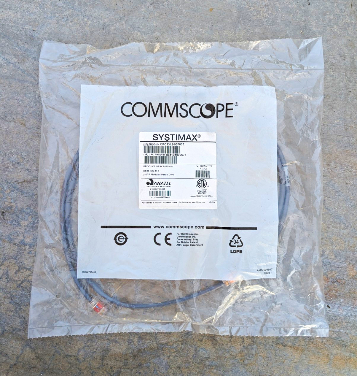 CommScope SYSTIMAX CPC3312-03F005 Gray RJ-45 to RJ-45 Patch Cord 0.5 m